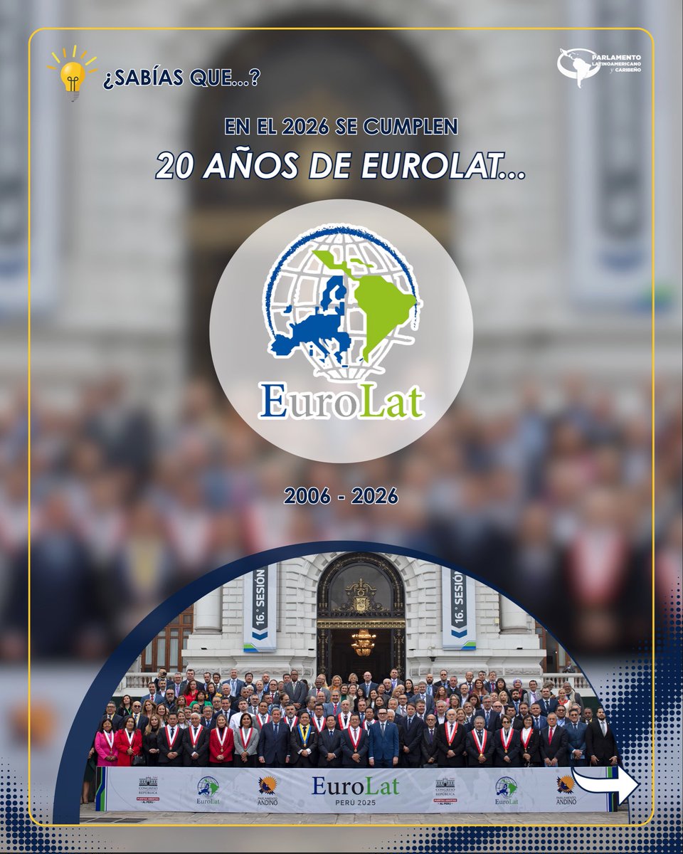 Parlatino_org's tweet photo. 🌎🤝 20 años de EuroLat

Desde 2006, la Asamblea Parlamentaria Euro‑Latinoamericana ha fortalecido el diálogo político entre Europa y América Latina y el Caribe, promoviendo la cooperación, la democracia y el desarrollo sostenible.

Hoy celebramos dos décadas de trabajo conjunto, construyendo puentes, impulsando consensos y avanzando hacia un futuro compartido.

#EuroLat20Años #CooperaciónBirregional #Parlamentos