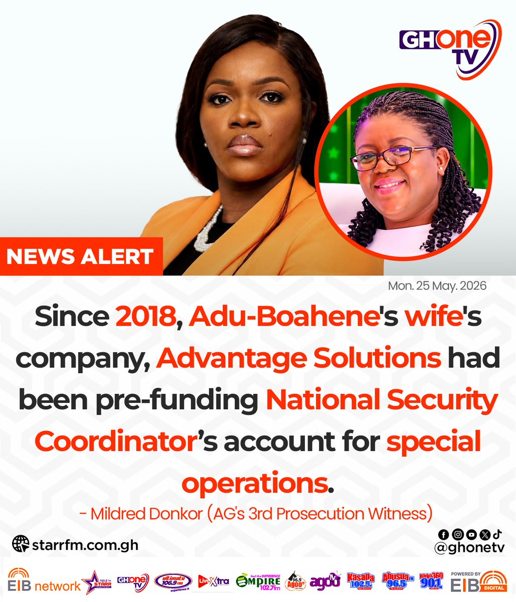 ghonetv's tweet photo. Since 2018, Adu-Boahene's wife's company, Advantage Solutions had been pre-funding National Security Coordinator's account for special operations... - Mildred Donkor (AG's 3rd Prosecution Witness)

#GHOneNews #EIBNetwork 
#GHOneTV #NewsAlert https://t.co/JgSNurGhrd