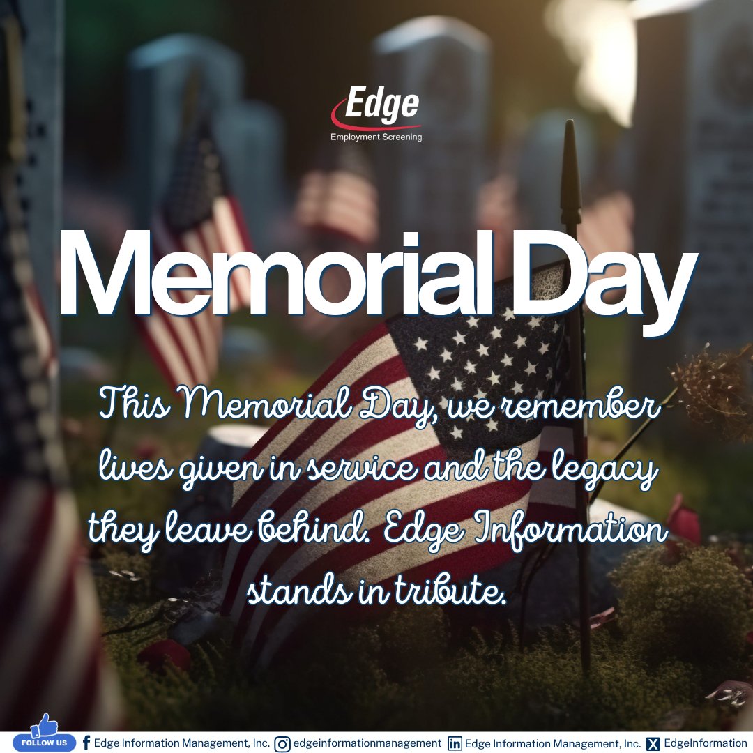 EdgeInformation's tweet photo. This Memorial Day, we remember lives given in service and the legacy they leave behind. Edge Information stands in tribute.
#MemorialDay #RememberTheFallen https://t.co/PuIgMHILe6