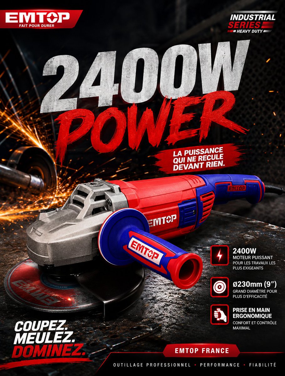 EMTOP_FRANCE's tweet photo. ⚡ 2400W de puissance brute.

La meuleuse EMTOP Industrial Series offre :

💪 Performance Heavy Duty
⚙️ Disque Ø230mm
👌 Contrôle ergonomique
🔥 Conçue pour les travaux intensifs
Coupez. Meulez. Dominez.
#EMTOPFrance #Meuleuse #IndustrialSeries #Construction #Tools #Outillage https://t.co/Cm7bBjHjaN