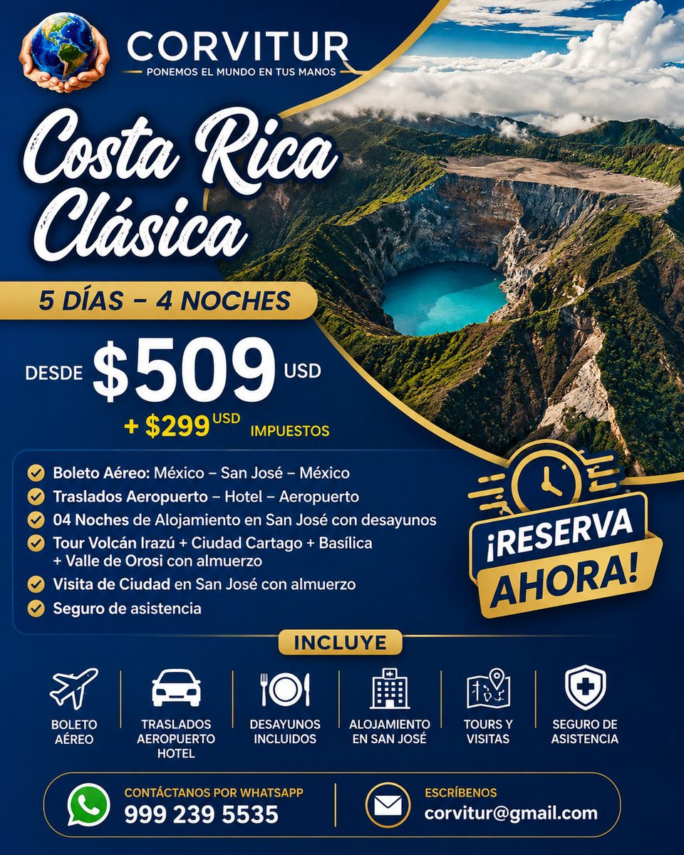 Corvitur's tweet photo. 🌿✨ Descubre la magia natural de Costa Rica ✨🌿
Vive 5 días inolvidables entre volcanes, paisajes espectaculares y la esencia pura de Centroamérica 🇨🇷
Reserva ahora y asegura tu próxima aventura tropical!  CORVITUR… Ponemos el mundo en tus manos!  🌎🤲 https://t.co/uptn9PsHCQ