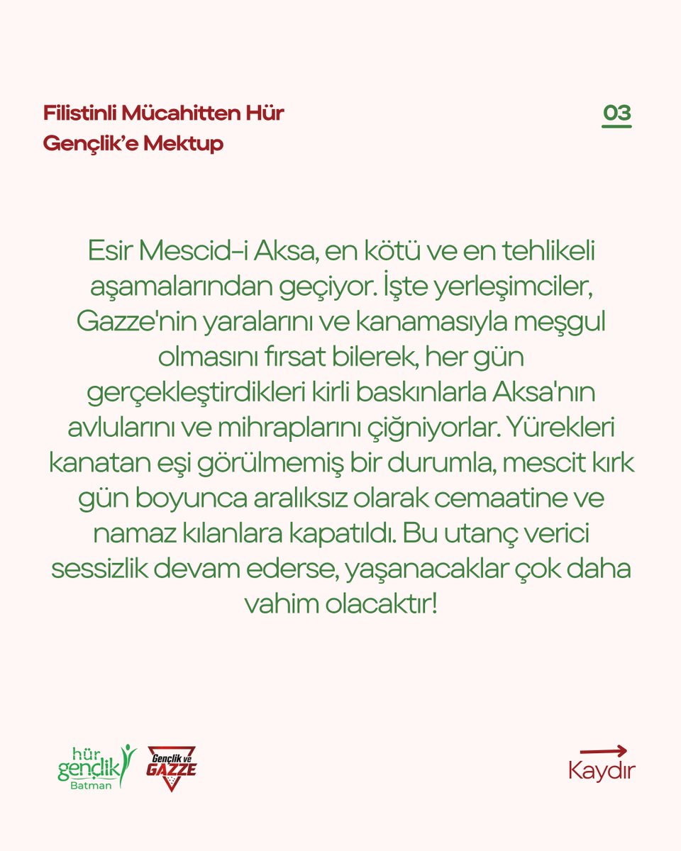 HurGenclik72_'s tweet photo. 📜 Yıllarca siyonist zindanlarda esir tutulan, topraklarını ve onurunu savunmak için en ön safta savaşan Filistinli bir mücahitten, Bahar Etkinlikleri final programımız için Hür Gençlik Batman’a ulaştırılmak üzere kaleme alınmış çok özel bir mektup var! https://t.co/swMv7MCMWm