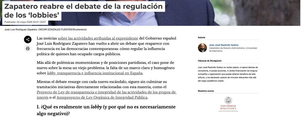 rastrollo_juanj's tweet photo. 🗣️ Se ha reabierto un debate pendiente en España que impulsamos desde el @ciggUSAL colaborando con @Lobby_ES: cómo regular los grupos de interés 
En @Conversation_ES publico un breve análisis sobre transparencia, trazabilidad y confianza institucional.
👉 https://t.co/oZTU8a93xe https://t.co/Abs66UUdQk