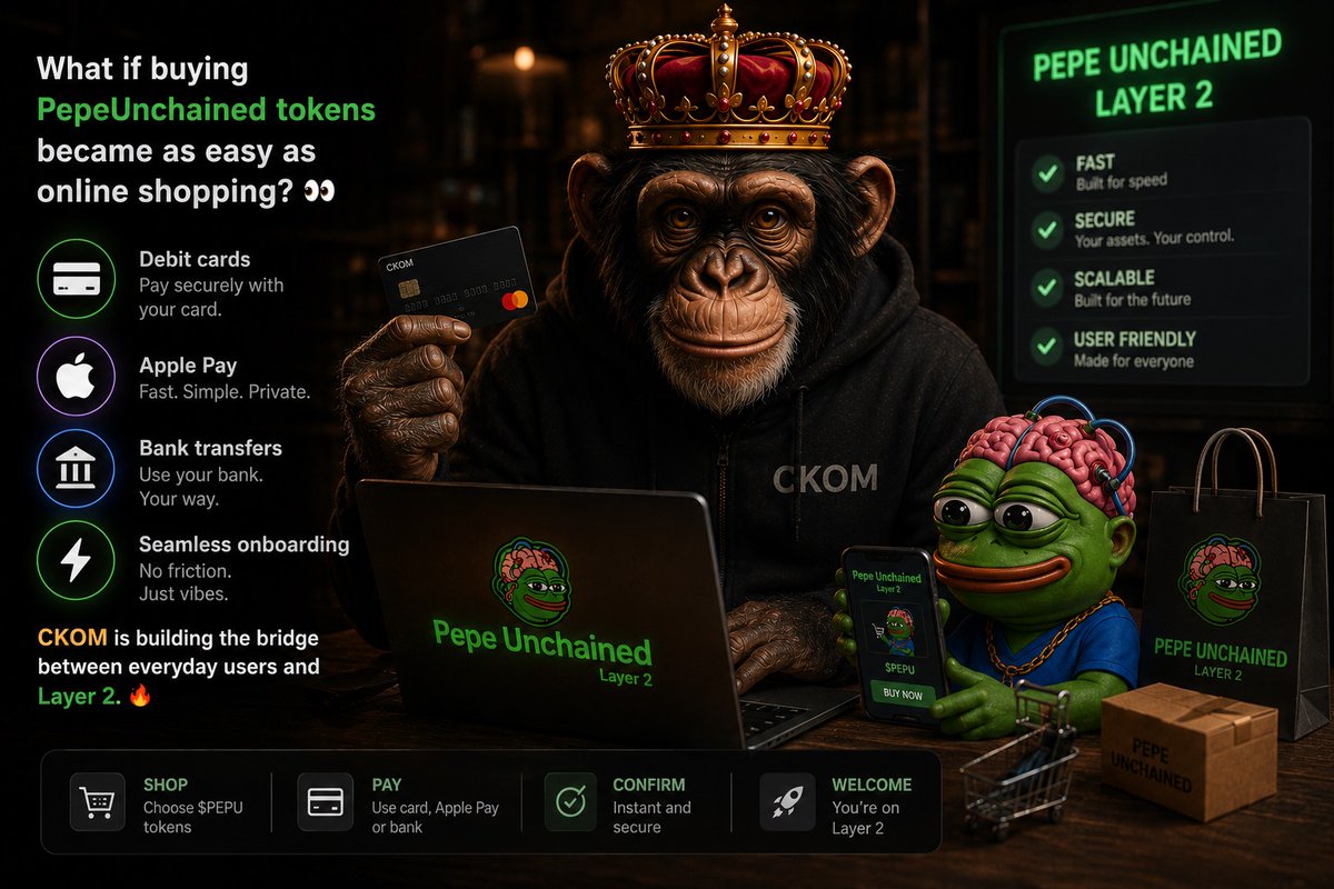 ChimpKingOfMeme's tweet photo. What if buying PepeUnchained tokens became as easy as online shopping? 

📷 Debit cards
📷 Apple Pay
📷 Bank transfers
📷 Seamless onboarding
#Chimpkingofmeme #Layer2 #Crypto #Pepeunchained https://t.co/SQY3oCdovk