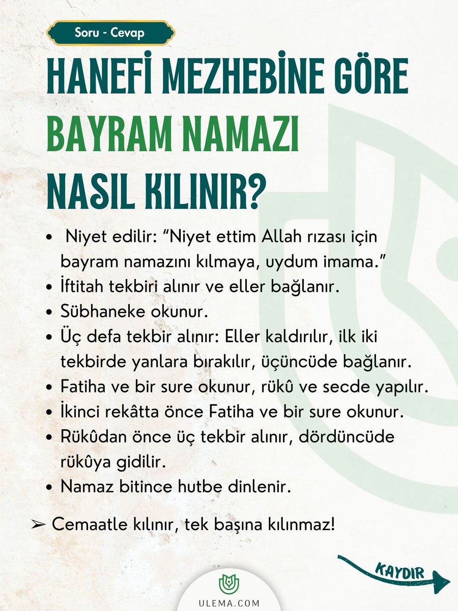 ulema_ev's tweet photo. HANEFİ MEZHEBİNE GÖRE BAYRAM NAMAZI NASIL KILINIR?

#BayramNamazı #Hanefi #İslam #DiniBilgiler #EidMubarak https://t.co/obYS2Uhlzy