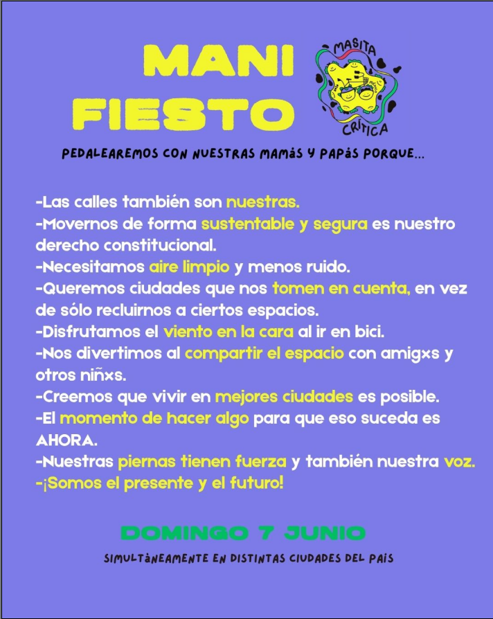 arelibiciteka's tweet photo. ¡Ya viene la primera Masita crítica de #México! Una rodada en bicicleta, patines y patinetas de niños, niñas y sus familiares para reclamar por sus derechos ¡Súmense a rodar este domingo 7 de junio en 9 ciudades mexicanas! @Claudiashein @SSalud_mx @SEDATU_mx @SICTmx https://t.co/ytBm2GyslZ