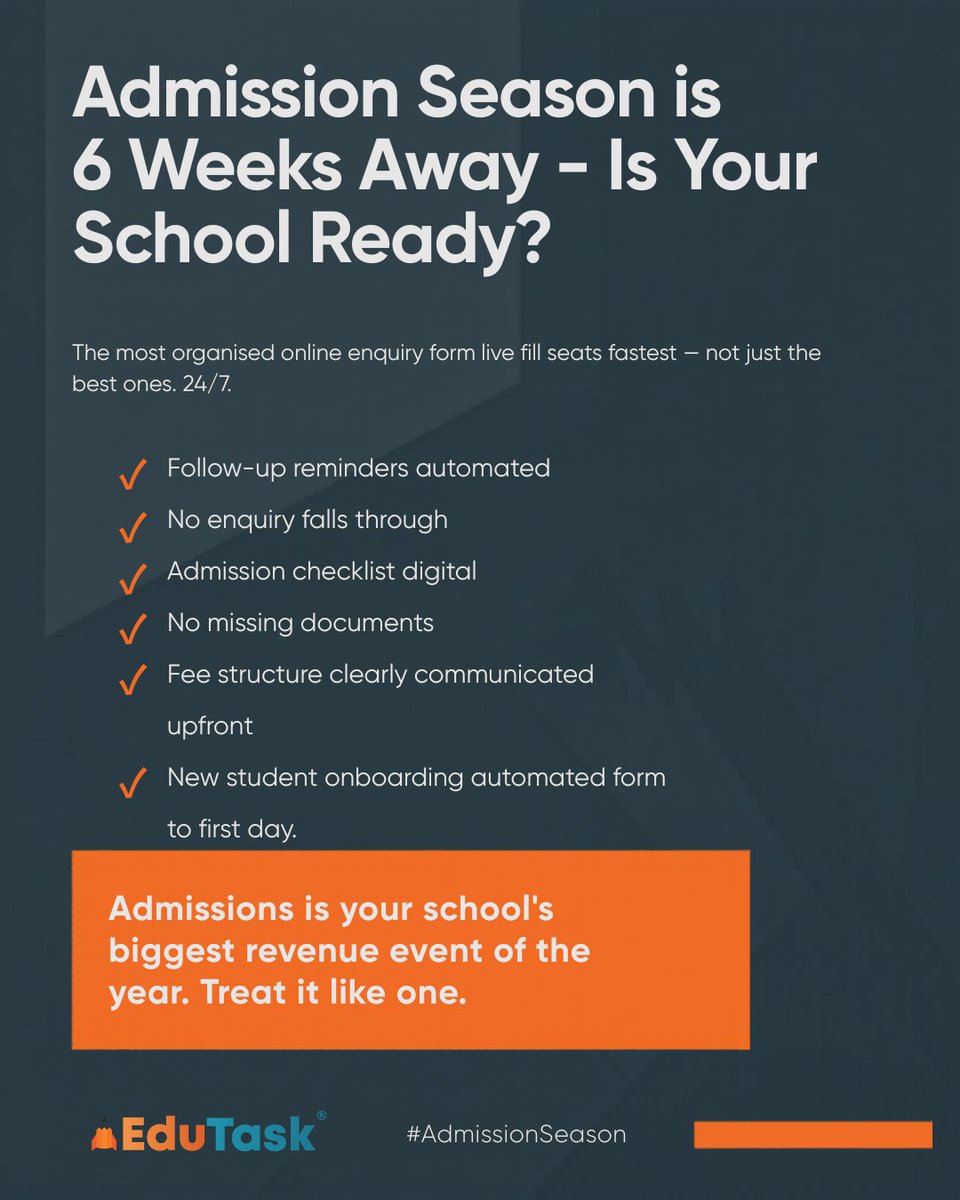 myedutask's tweet photo. Admission season starts in 6 weeks. Ready?
The fastest-filling schools aren’t always the best — just the most organised.
✅Online enquiries
✅Automated follow-ups
✅Digital checklists
✅Clear fee communication
✅Smooth onboarding
#SchoolAdmissions #IndianSchools #SchoolManagement https://t.co/0Kz8Z2DZUK