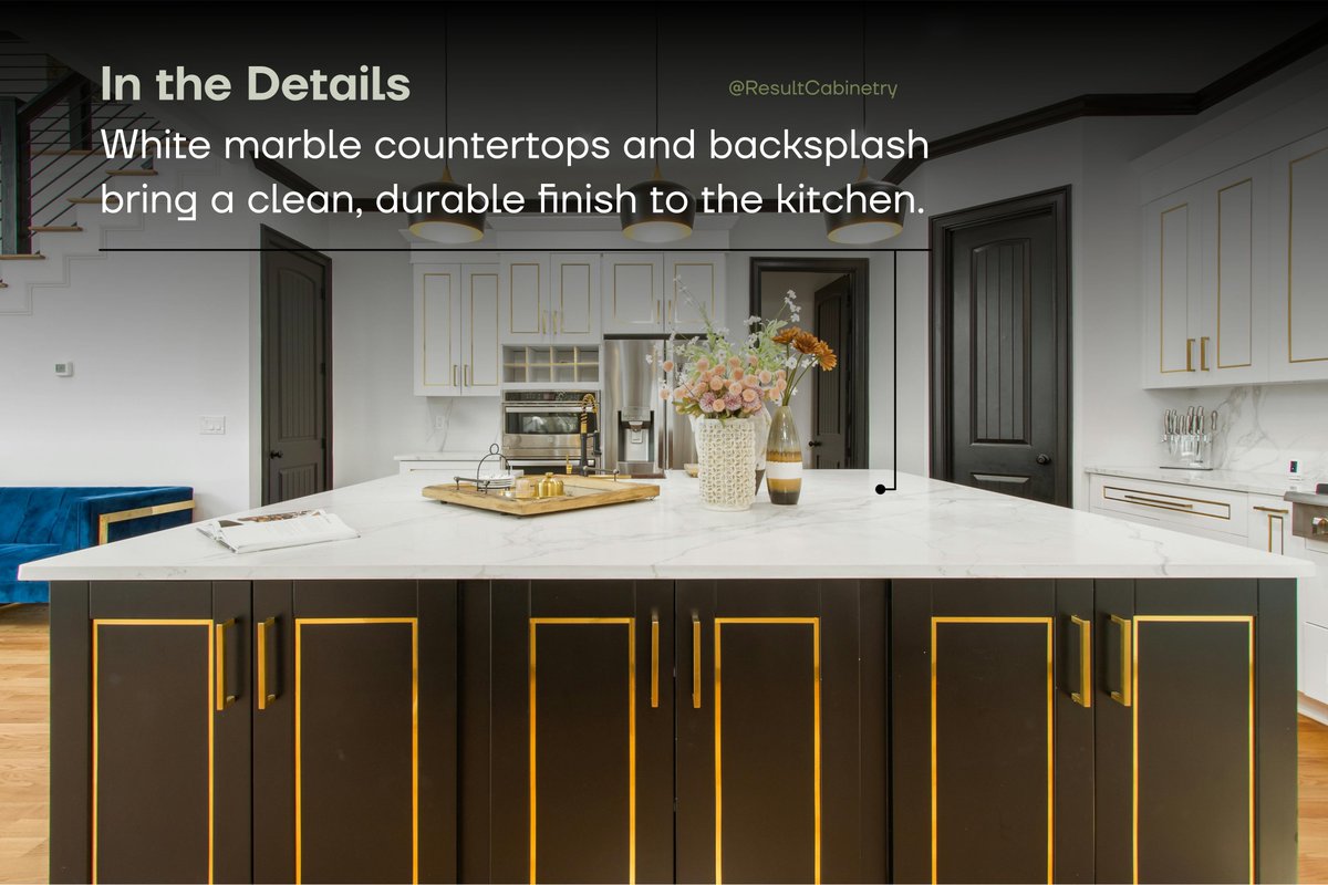 ResultCabinetry's tweet photo. This new home build turned out great! A black shaker island trimmed in gold sits at the center of a wide open floor plan with double-height ceilings, oak floors, and black French doors framing a wooded lot. White and gold perimeter cabinets balance the island without fighting it https://t.co/JEEFOl3PzS