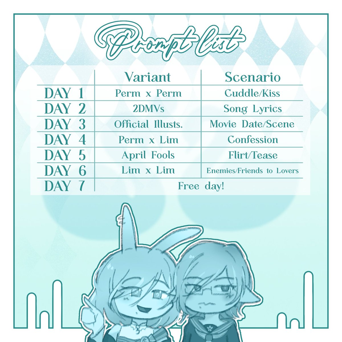 szcestweek's tweet photo. 💧 Event Date &amp; Prompt List has been Released! 🦢

Event started at August 24th until August 30th!
And please check our Carrd in bio for more clear info, and namelist in reply section (or in Carrd too) 🐇 https://t.co/o5whxCdSTZ