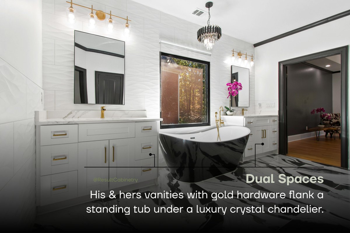 ResultCabinetry's tweet photo. The primary bath is something else, panda marble floors, a freestanding tub with gold fixtures, and his and hers vanities under a crystal chandelier. Every room in this build got the same level of attention &amp; quality. Result Cabinetry helps build spaces our customers call home. https://t.co/aaI4VM9GPz