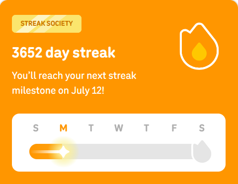 CSmeeth's tweet photo. Hit ten straight years (with extra days for the leap years) of @duolingo today, and it's such a wonderfully surreal feeling https://t.co/H7AGBiyfSU