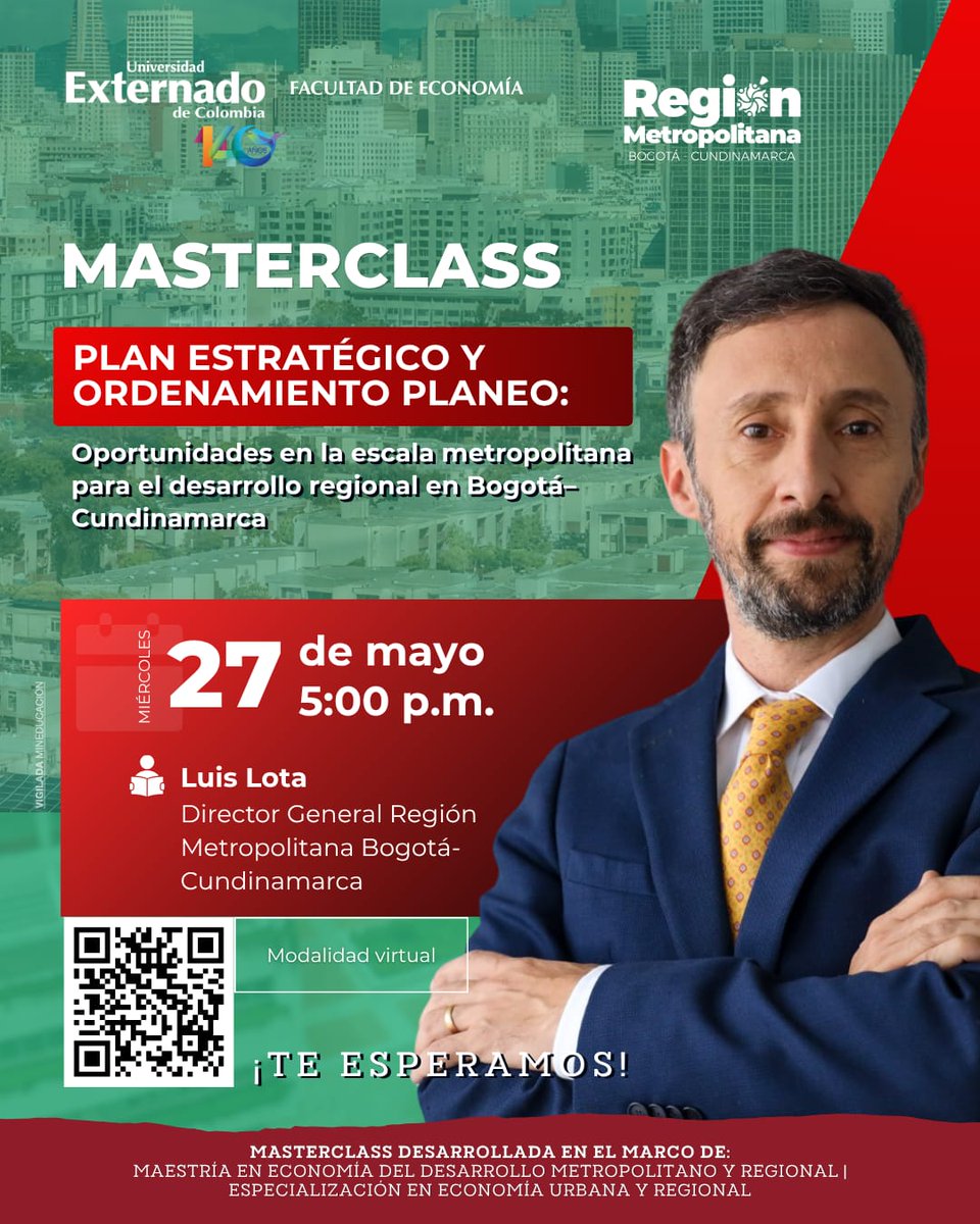 SomosRegionMBC's tweet photo. El futuro de Bogotá y Cundinamarca se está planeando hoy. Haz parte de la conversación junto con nuestro director @LuisLota_ 🌆

Conéctate al Masterclass 'Plan Estratégico y Ordenamiento #PLANEO'.
🗓️ 27 de mayo
⏰ 5:00 p.m. 

🔗 Regístrate aquí: https://t.co/nt8CUTbweX https://t.co/KWXljfBrdT