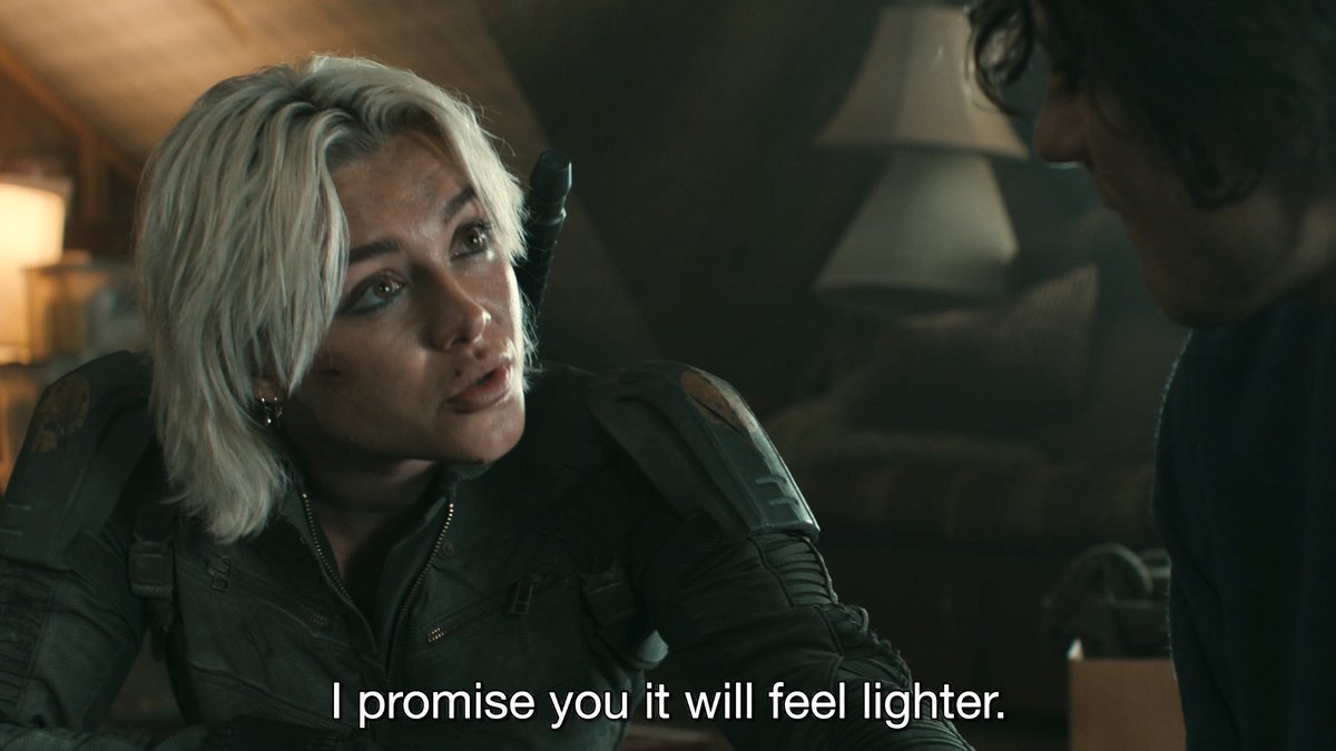 pullmanpilled's tweet photo. how is this ruining yelena’s character? it’s established that she’s lonely, searching for a sense of purpose and craves companionship. she finds that in bob, just as he does in her. the very act of saving him also saves &amp; heals her. if anything it’s a well written compelling arc https://t.co/7IkEhBghce