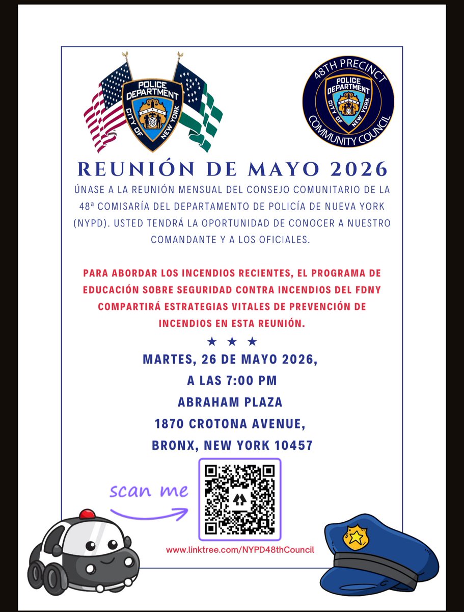 NYPD48thCouncil's tweet photo. Join us on May 26, 2026 at 7 PM, for our monthly meeting at 1870 Crotona Avenue.

@NYPD48Pct https://t.co/GtagqzlATL