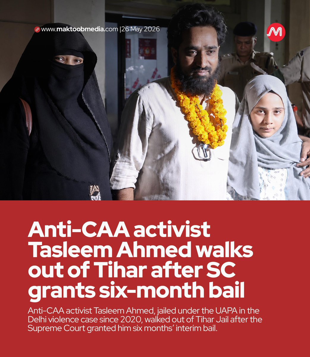 MaktoobMedia's tweet photo. Breaking 

Anti-CAA activist Tasleem Ahmed walks out of Tihar after SC grants six-month bail

Anti-CAA activist Tasleem Ahmed, jailed under the UAPA in the Delhi violence case since 2020, walked out of Tihar Jail after the Supreme Court granted him six months’ interim bail. https://t.co/uVlXAlu2WM