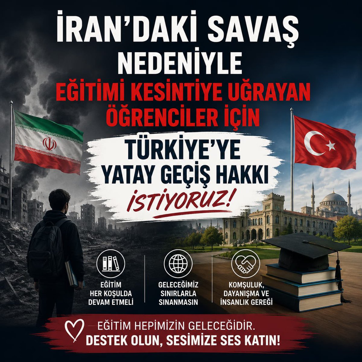 ErenciAyse21's tweet photo. Eğitim hakkı ertelenemez. İran’daki savaş mağduru öğrenciler için acil yatay geçiş kararı alınmalı.
    #YÖKEkMadde2 #GeleceğimizYarımKalmasın https://t.co/avoDO19iAJ