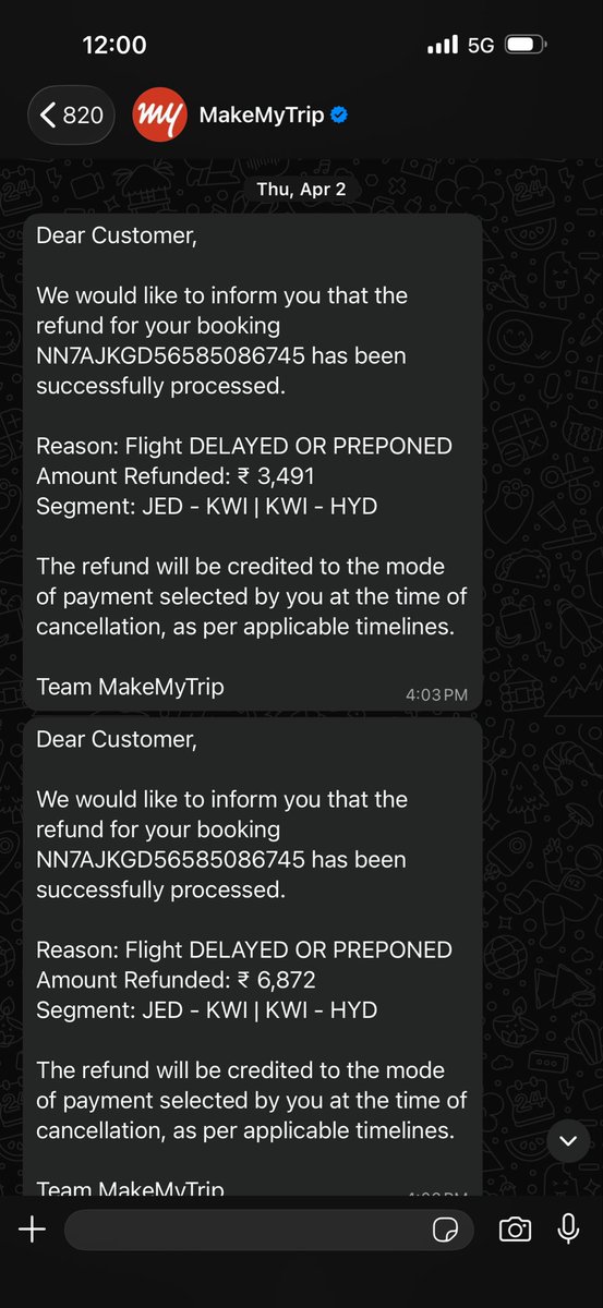 SBaharmoos's tweet photo. @makemytripcare @makemytrip @MoCA_GoI @DGCAIndia @jagograhakjago

This is unacceptable. Your team confirmed that the “remaining refund” has been initiated, however the total refund processed till date is only ₹63,335, whereas the promised refund amount was ₹85,511 for my cancelled booking.

Refunds received so far:
₹21,296 + ₹10,230 + ₹6,872 + ₹3,491 + ₹21,446 = ₹63,335

Pending refund amount: ₹22,176

Please stop sending generic responses and provide a clear explanation as to why the full promised refund has not been processed and by when the remaining ₹22,176 will be credited.

Booking ID: NN7AJKGD56585086745
PNR: AW5LPG

All screenshots of refund communication, promised refund amount and processed refunds are attached for reference.
