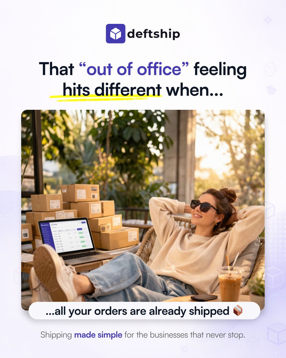 DeftShip's tweet photo. That “out of office” feeling hits different 😌

Get your shipping done early and stress-free 👇
Website 👉 https://t.co/jQbA71uUL6
iOS: https://t.co/oYwG5nrbAR
Android: https://t.co/Ub0BtVJNnC

#Deftship #OutOfOffice #EcommerceLife  #WorkSmarter #Shippingtips https://t.co/dd51mbrrsR