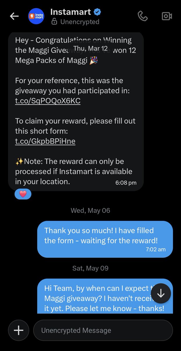 PranayMehta_PM's tweet photo. @SwiggyCares Dear Team,
The query is regarding an Instamart giveaway prize which I won (attached screenshot) and was contacted through DM. I have not yet received the giveaway despite filling the form. I would appreciate it if you could look into this and solve this now! @instamart_it https://t.co/CDAzjkP5BK