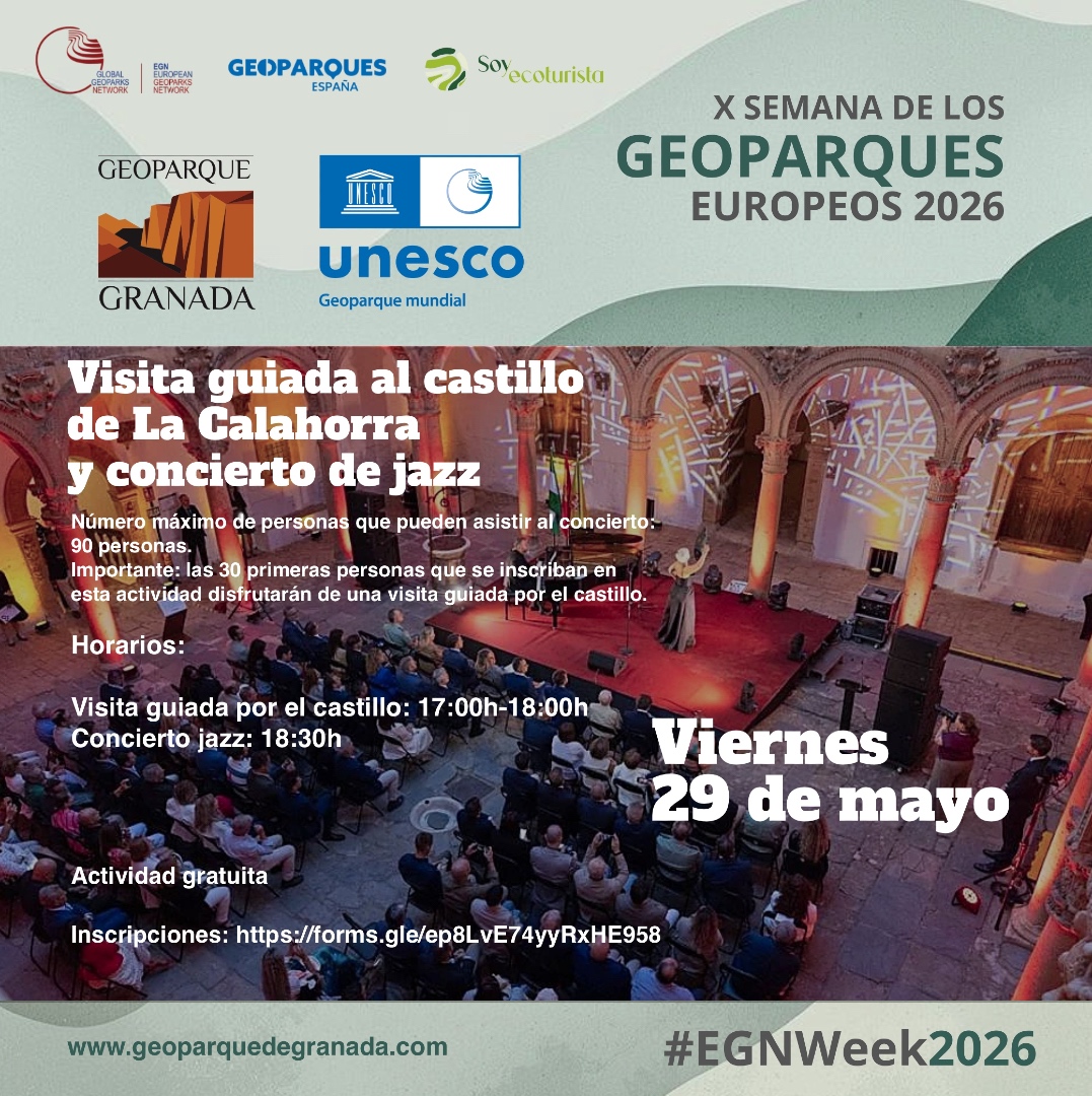 GranadaGeopark's tweet photo. X Semana de los #Geoparques Europeos en el #GeoparquedeGranada
CONCIERTO DE JAZZ EN EL CASTILLO DE LA CALAHORRA
Viernes, 29 de mayo de 2026
18:30h
Inscripción: https://t.co/MlJ0YuIXgp
#EGNWeek2026
#Geoparqueando https://t.co/HIqfOGuyj7