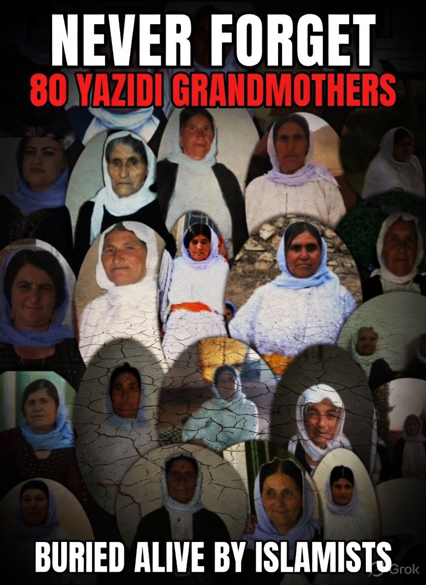 Yazidisto's tweet photo. Never forget the 80 Yazidi grandmothers who were buried alive by Islamists for being considered too old to be sex slaves. https://t.co/NvqnCf8Tl7