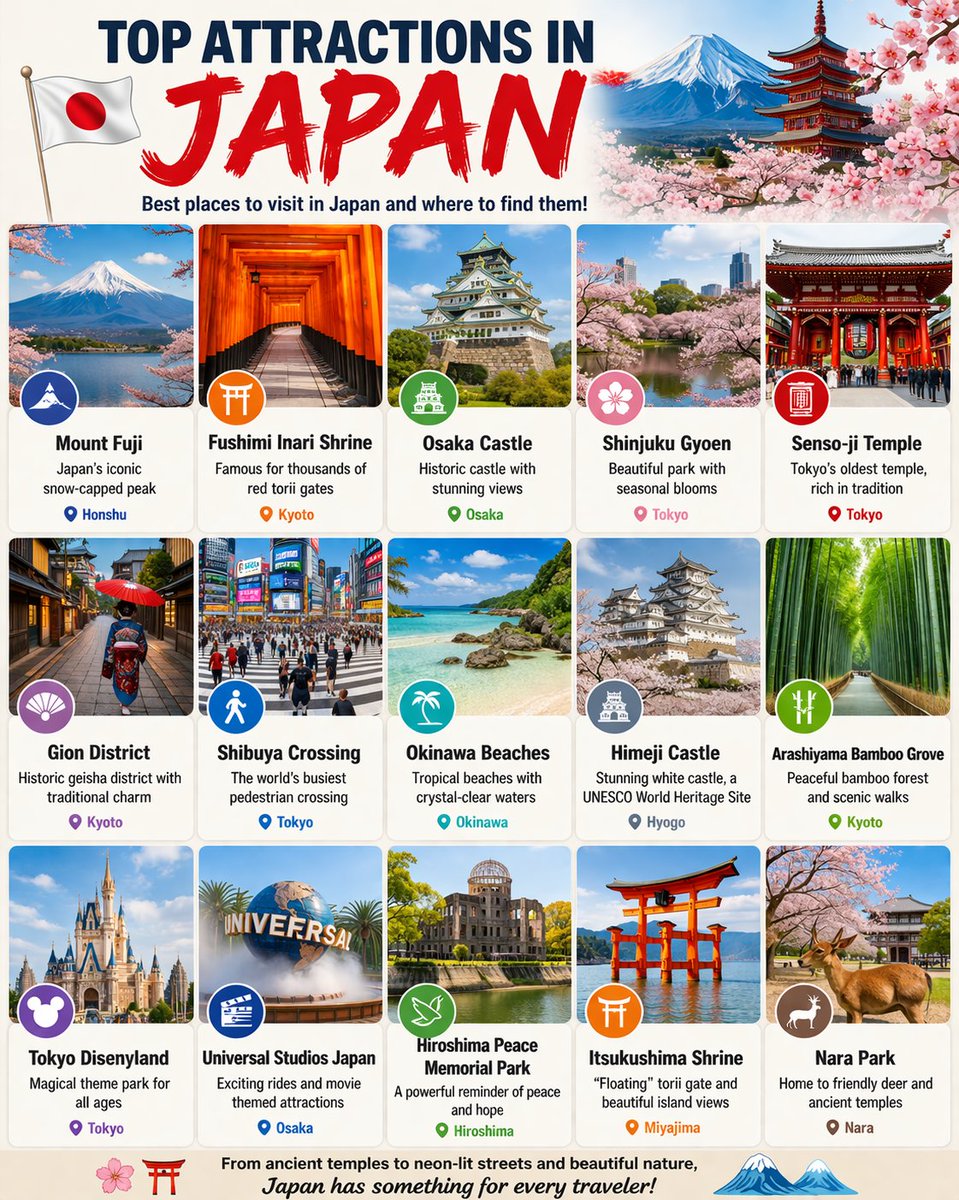 factualindexx's tweet photo. 🇯🇵✨ Top attractions in Japan:

🗻 Mount Fuji – Honshu
⛩️ Fushimi Inari Shrine – Kyoto
🏯 Osaka Castle – Osaka
🌸 Shinjuku Gyoen – Tokyo
🛕 Senso-ji Temple – Tokyo
🎎 Gion District – Kyoto
🌉 Shibuya Crossing – Tokyo
🏝️ Okinawa Beaches – Okinawa
🏯 Himeji Castle – Hyogo
🌄 Arashiyama Bamboo Grove – Kyoto
🎢 Tokyo Disneyland – Tokyo
🎡 Universal Studios Japan – Osaka
🌸 Hiroshima Peace Memorial Park – Hiroshima
⛩️ Itsukushima Shrine – Miyajima
🏞️ Nara Park – Nara