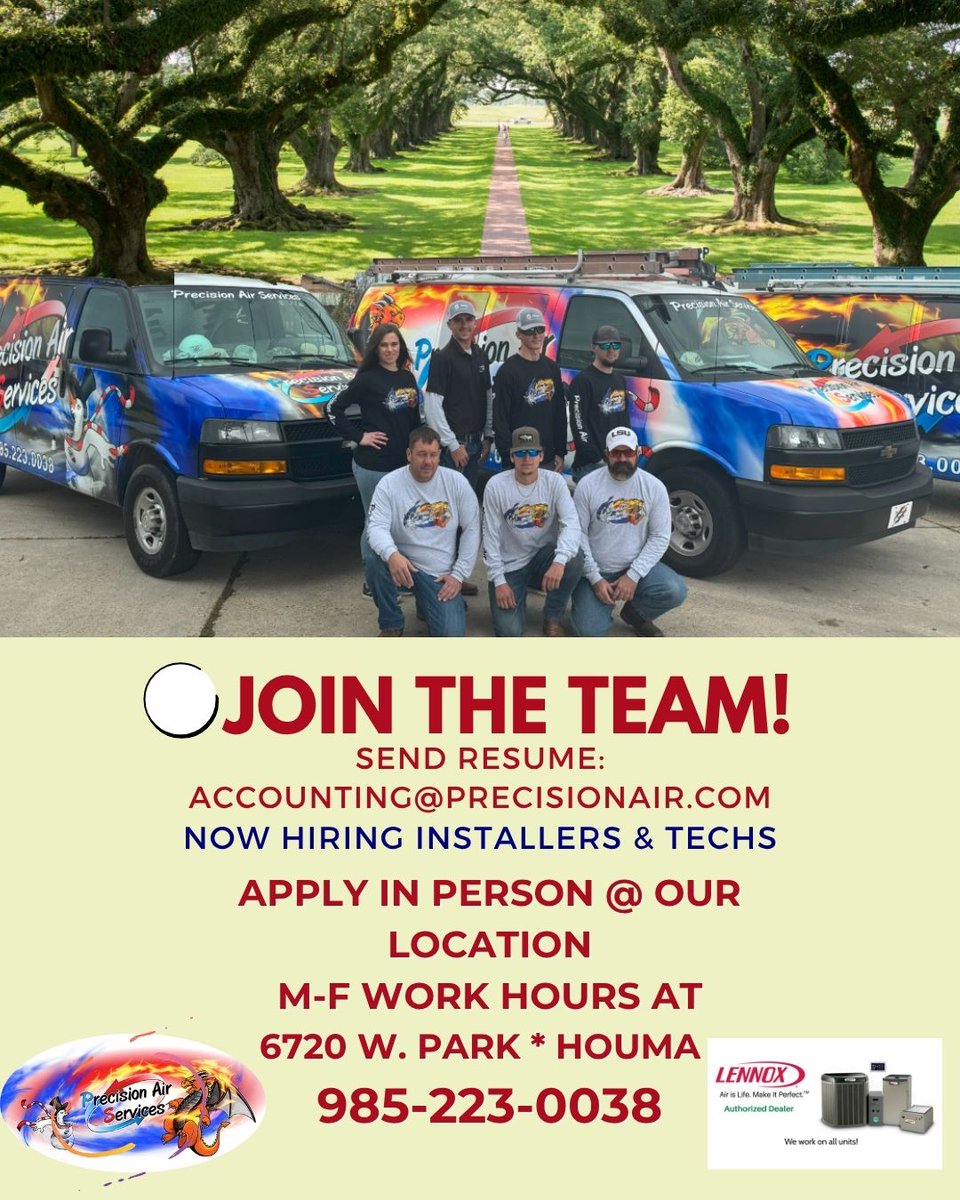 PrecisionAirLa's tweet photo. Now hiring HVAC Techs &amp; Installers in South Louisiana! 🦞
If you customer service oriented &amp; want to join a growing team, we want you. 
📍 South LA area
🛠️ Techs &amp; Installers
Apply now to jumpstart your career by emailing your resume! 
⚡️Then, Stop by our office M-F 9-5 https://t.co/asiznhiywI
