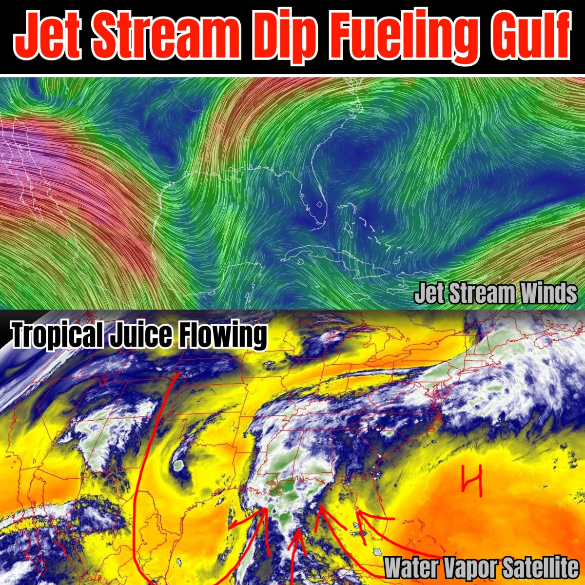Jet stream flow bringing up some Tropical Juice. Pattern continues ...