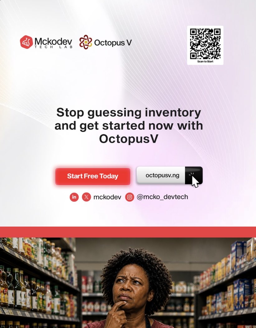 mckodev's tweet photo. Low sales aren't the only profit killer. Expired products, forgotten stock, and empty shelves drain your cash.

Smart inventory tracking cuts waste and prevents stock-outs. 

Get started with OctopusV today!.

#SME #InventoryManagement #SmallBusiness #lagos https://t.co/iCT5vb8kx6