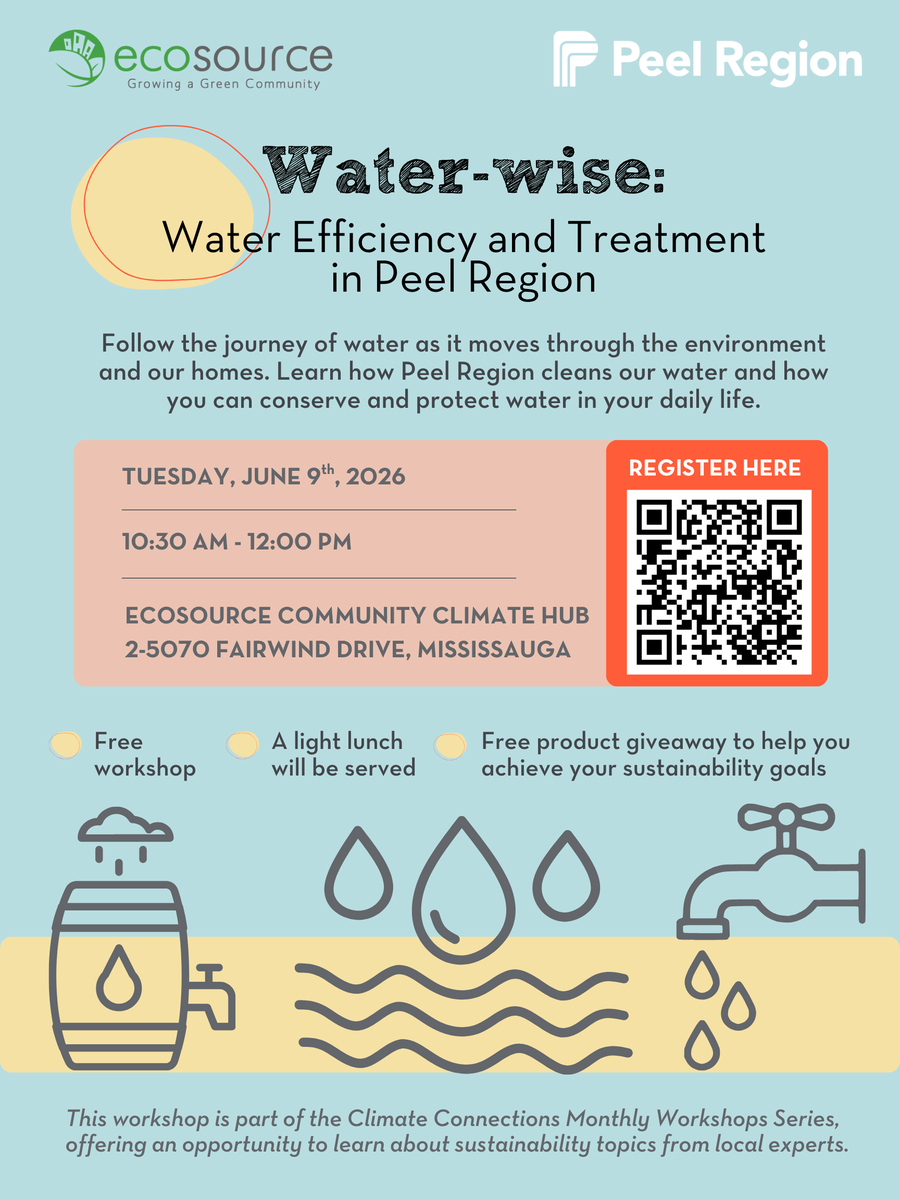 EcosourceGreen's tweet photo. Learn how Peel Region cleans our water and how you can conserve and protect water in your daily lives. The event will take place on Tuesday, June 9th from 10:30 am to 12:00 pm at the Ecosource Community Climate Hub https://t.co/wWL2ix5cBm https://t.co/xIreqjH827