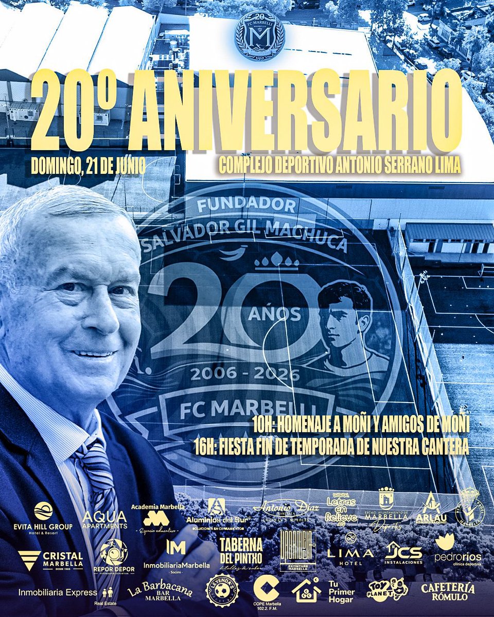 MarbelliCfc's tweet photo. 💥 2️⃣0️⃣º 𝗔𝗡𝗜𝗩𝗘𝗥𝗦𝗔𝗥𝗜𝗢 𝗗𝗘𝗟 𝗙𝗖 𝗠𝗔𝗥𝗕𝗘𝗟𝗟𝗜́

20 años no se entienden sin las personas que han formado parte de este camino… 💛💙

🫵🏽 ¡Por ello, el domingo 21 de junio os esperamos en el 🏟️ Serrano Lima para celebrarlo! https://t.co/TUAwmg8SeH