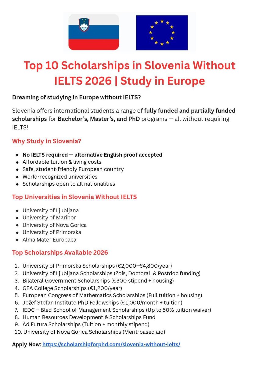 ScholarshipfPhd's tweet photo. Top 10 Scholarships in Slovenia Without IELTS 2026 | Free Study in Europe

Visit: https://t.co/e18LpRwQdp

Degree Levels: Undergraduate, Master &amp; PhD https://t.co/ZN5h9JoYLB