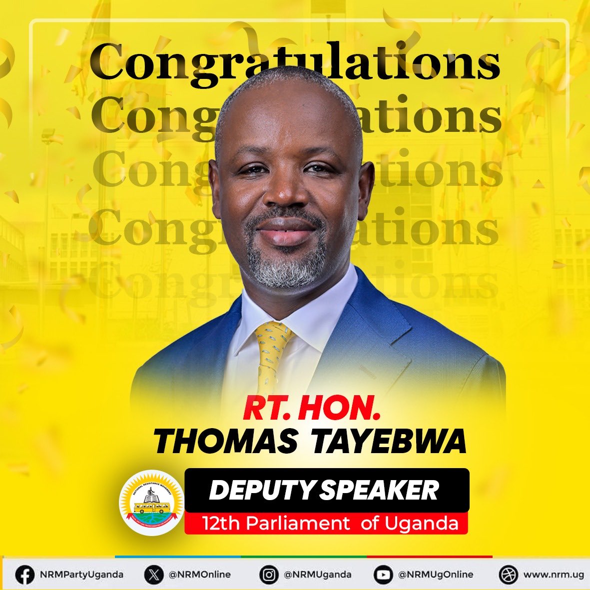 HonDonBwana's tweet photo. Congratulations to the Rt.Hon.Thomas Tayebwa (NRM) elected as Deputy Speaker of the 12th Parliament, having garnered 457 votes against Hon.Nyakato's 45 and Hon.Aguti's 14 votes.  Rt.Hon.Thomas Tayebwa has taken oath and received instruments of power from H.E Yoweri K Museveni. https://t.co/9bB9SP1MXs