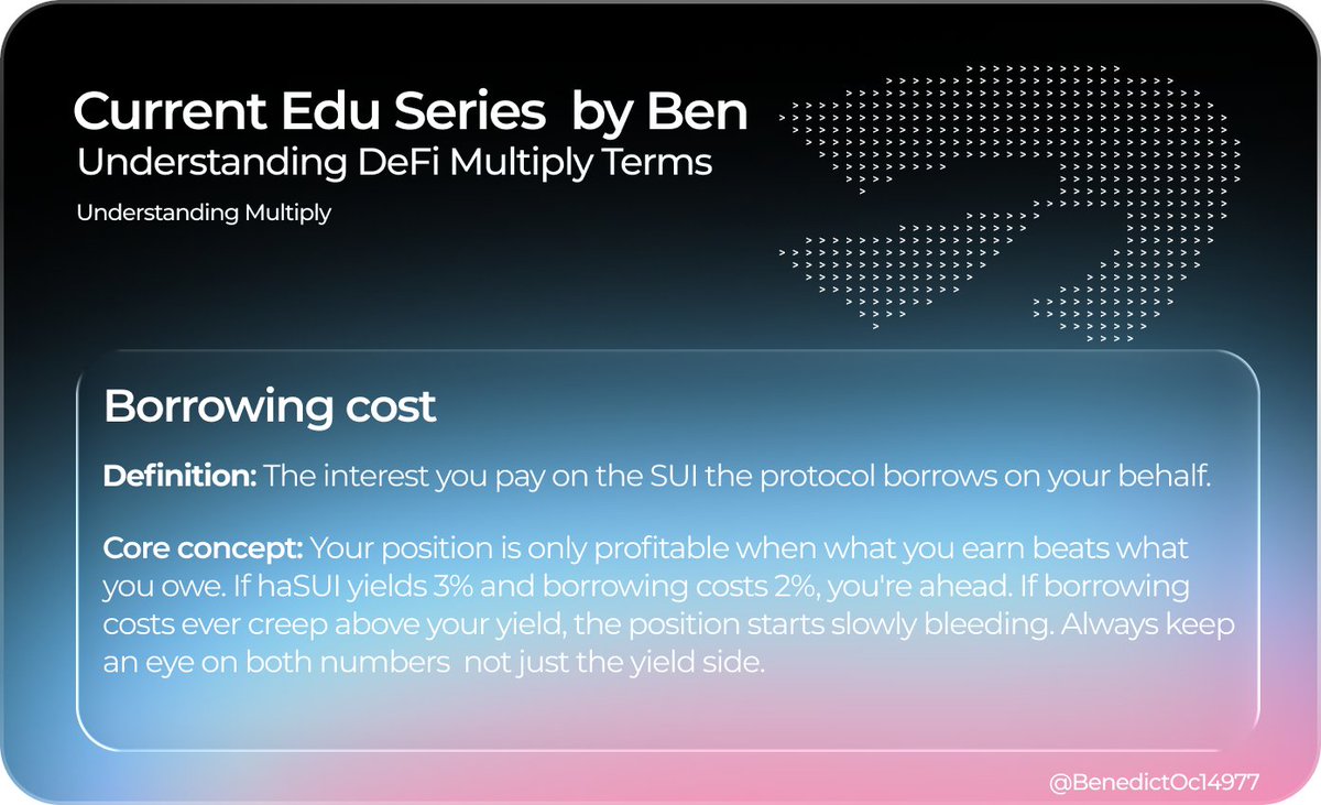BenedictOc14977's tweet photo. Gm $SUI Folks
Today, we will be looking at two terms, which are :
1. Borrowing Cost: The interest you pay on the SUI the protocol borrows on your behalf.

2. Borrow Weight: A risk score assigned to each asset that determines how much borrowing power it gives you as collateral. https://t.co/MDbKJrAaa8