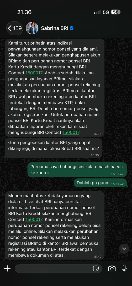 ariftri's tweet photo. Ngapain pake tanya alasan mau ganti nomer kalau ujung ujungnya solusinya sama dengan menjawab pertanyaan awal.

Emang sinting CS @BANKBRI_ID https://t.co/VskELrCQB4