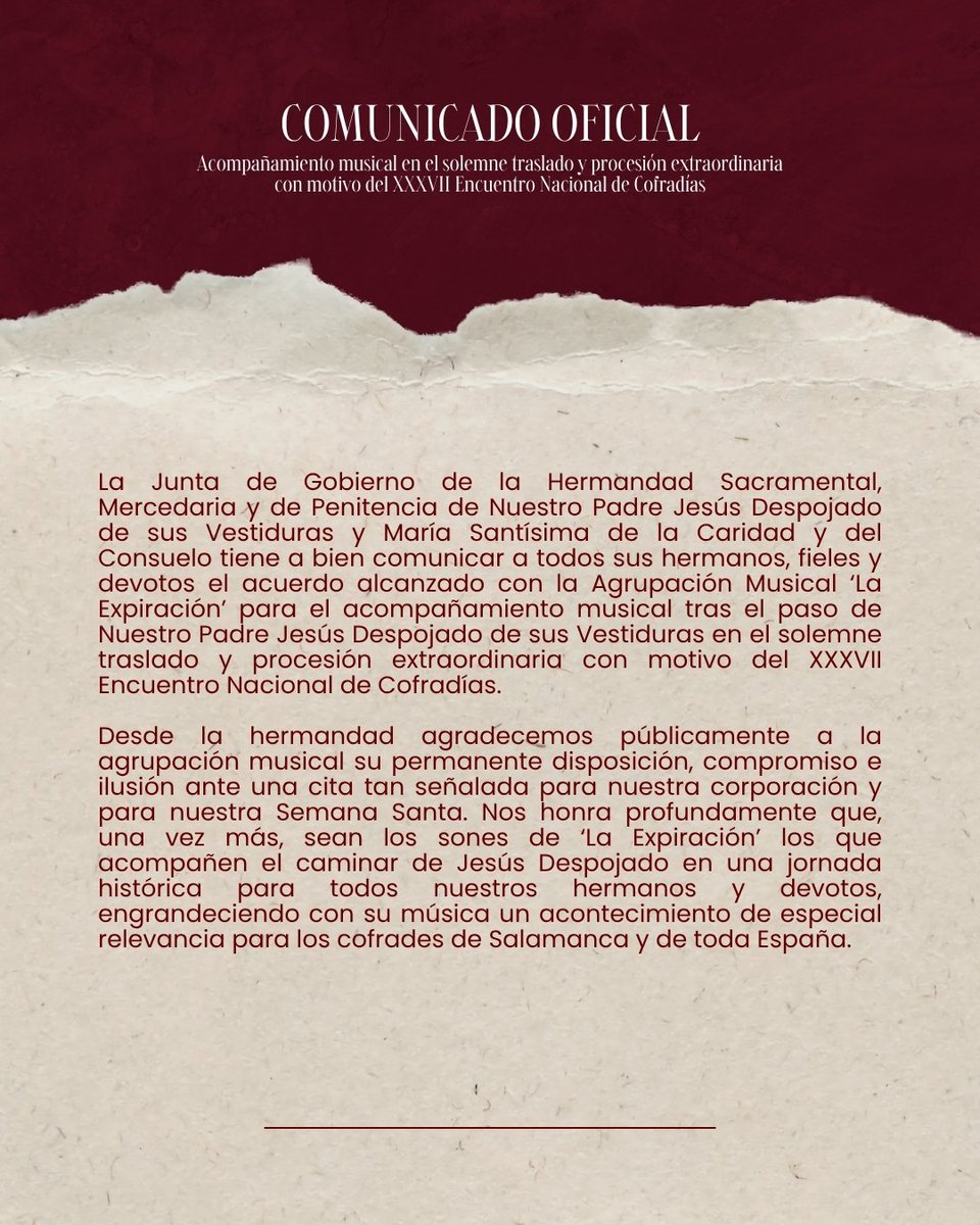 HDespojado's tweet photo. #COMUNICADO 'Acompañamiento musical para el solemne traslado y procesión extraordinaria con motivo del XXXVII Encuentro Nacional de Cofradías'.

https://t.co/x1TvSw1nKl https://t.co/LFmSciNa2O