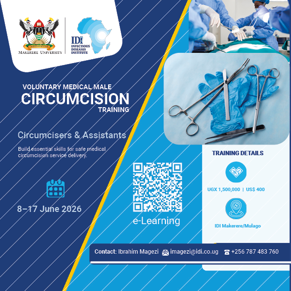 IDIMakerere's tweet photo. Male circumcision reduces HIV acquisition by 60%.

Are YOUR skills sharp enough to deliver that impact?

@IDIMakerere's VMMC Training, June 8–17, Kampala
For circumcisers &amp; assistants ready to lead.

Apply: https://t.co/pnWO6Wi1fN | 0800 200055 (toll-free)

#VMMC #SMC #OneIDI https://t.co/Xt7oMtoQOt