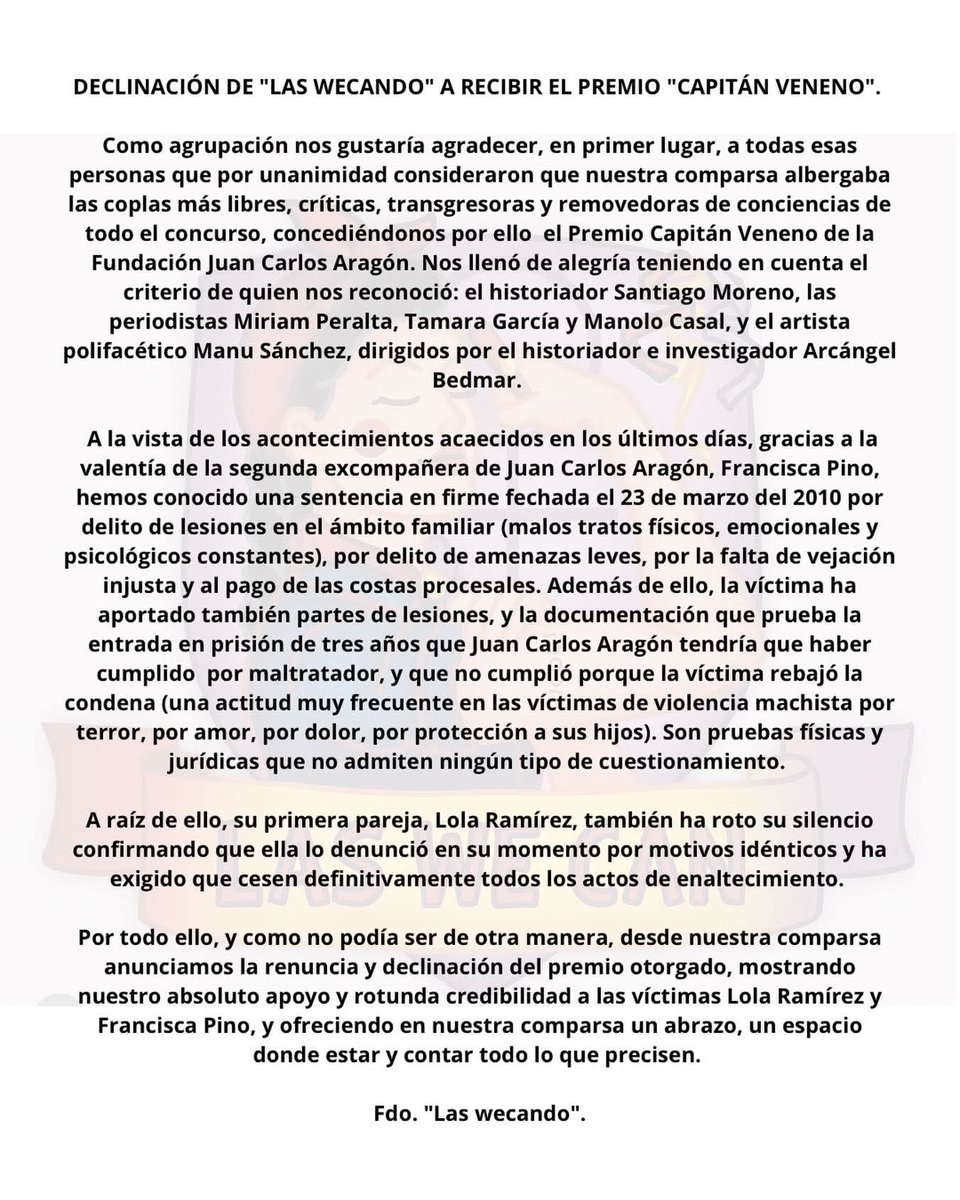 codigocarnaval's tweet photo. La comparsa de Marta Ortiz (@ComparsaWECANDO) renuncia al premio 'Capitán Veneno' otorgado por la Fundación Juan Carlos Aragón. https://t.co/3RtOSxPLRm