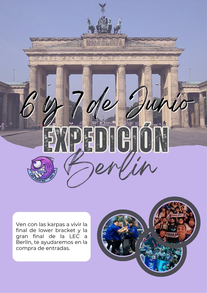 LasKarpas's tweet photo. 🔥🇩🇪 EXPEDICIÓN A BERLÍN - FINALES DE LEC 🇩🇪🔥

Desde Las Karpas vamos a organizar una expedición para viajar a Berlín y apoyar a nuestros jugadores de Movistar KOI en uno de los momentos más importantes de la temporada 🐟💜

📅 6 y 7 de Junio
🏆 Final de Lower Bracket + Gran Final de LEC
📍 Berlín, Alemania
Queremos reunir a toda la comunidad posible para vivir juntos un fin de semana histórico, animar al equipo desde las gradas y convertir Berlín en territorio KOI 🫡💜

Apuntate para poder comprar tus entradas:

🎟️Entradas Sabado 6 de Junio (Final de Lower)
🎟️Entradas Domingo 7 de Junio (Final de LEC)

Las personas que compreis las entradas os pondremos en contacto para que podais coordinar:

✈️ Organización de viaje
🏨 Alojamiento
🚕 Desplazamientos
🤝 Tips y compartir gastos en la ciudad

Si alguna vez has querido vivir una LEC presencial rodeado de la comunidad, esta es la oportunidad. Vamos a hacer ruido por Movistar KOI y llevar el espíritu de Las Karpas hasta Berlín 🔥

📝 Hemos habilitado un formulario para apuntarse y poder organizar todo mejor y asignar las entradas:

[🔗LINK primer mensaje]

⚠️ Importante: Rellenar el formulario NO garantiza entrada, os contactaremos por los medios facilitados por vosotros para informaros de que teneis plaza si pagais la entrada.
⚠️ Importante: Solo facilitamos la compra de la entrada. El alojamiento y transporte debereis gestionarlo vosotros. Os facilitamos un grupo de Whatsapp para ayudaros con recomendaciones de hoteles donde vamos siempre, transporte urbano, tips para el viaje y resolver cualquier duda que tengais rapidamente.

#MKOIWin #SomosKOI #LEC #MovistarKOI #LasKarpas