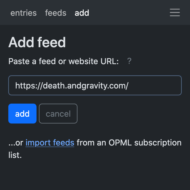 _andgravity's tweet photo. reader 3.25 is out, now with feed autodetection! (so you don't have to hunt #RSS URLs with view-source: anymore) (early release because of some migration bugs 😅) https://t.co/Svwe6DqCXb