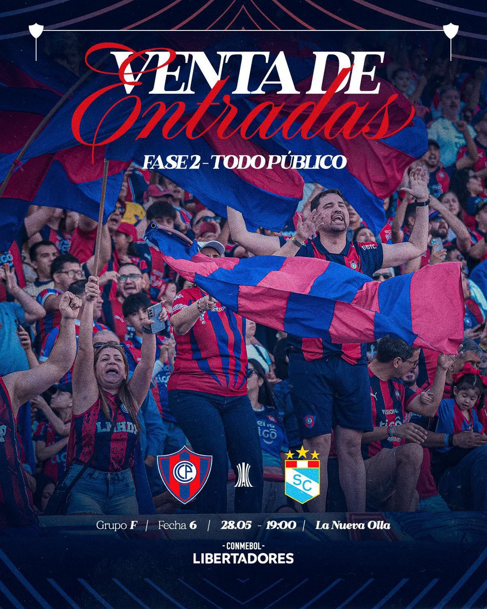 CCP1912oficial's tweet photo. ¡Asegurá tu lugar en la 𝐂𝐚𝐭𝐞𝐝𝐫𝐚𝐥 𝐝𝐞 𝐥𝐚 𝐏𝐚𝐬𝐢𝐨́𝐧! 🏟️

✅ Te recordamos que continúa la 𝐅𝐚𝐬𝐞 𝟐 de 𝐯𝐞𝐧𝐭𝐚 𝐝𝐞 𝐞𝐧𝐭𝐫𝐚𝐝𝐚𝐬 exclusiva 𝐩𝐚𝐫𝐚 𝐭𝐨𝐝𝐨 𝐩𝐮́𝐛𝐥𝐢𝐜𝐨.

Cerro Porteño 🆚 Sporting Cristal 
📆 Jueves 28.05
⌚️ 19:00
🏟️ Estadio La Nueva Olla

📲🌪️ 𝐂𝐨𝐦𝐩𝐫𝐚́ 𝐚 𝐭𝐫𝐚𝐯𝐞́𝐬 𝐝𝐞 𝐥𝐚 𝐀𝐩𝐩 𝐲 𝐞𝐧 𝐞𝐥 𝐋𝐨𝐛𝐛𝐲 𝐝𝐞 𝐋𝐚 𝐍𝐮𝐞𝐯𝐚 𝐎𝐥𝐥𝐚