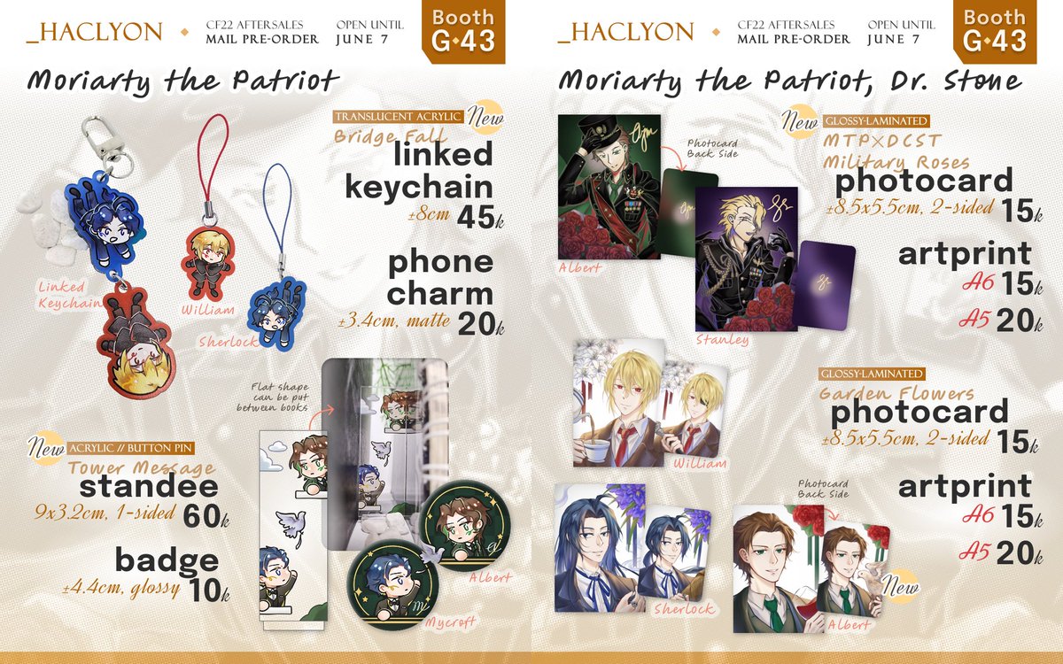 _haclyon's tweet photo. #cf22 aftersales!!
🌻~Jun 7, 2026

Moriarty the Patriot, Dr. Stone (Stanley), HSR, VTubers (EN), Natsume, Dino Nugget, Capybara

*Include price correction &amp; item removal since OTS
🔗Link in the replies!! https://t.co/gi6NB0h0mB
