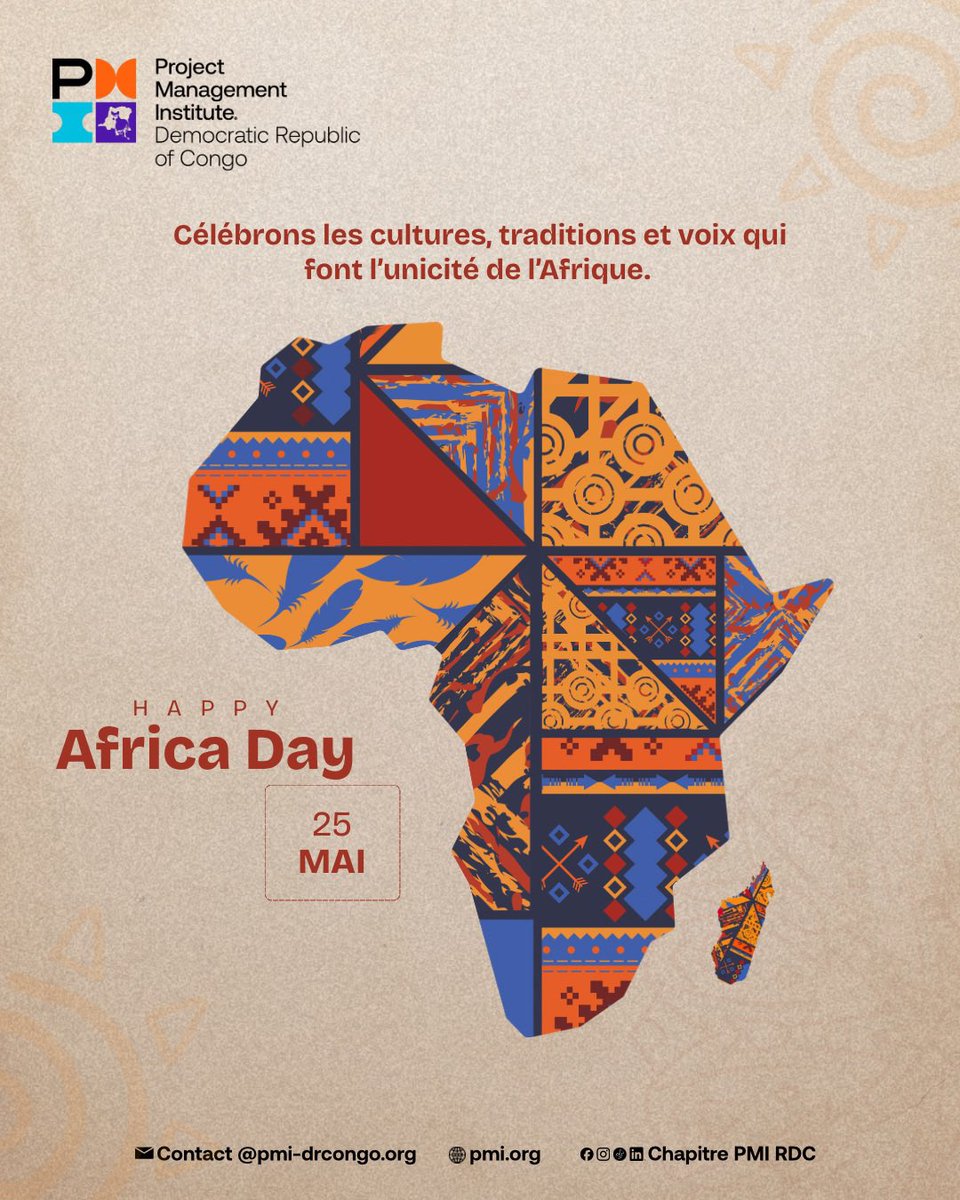 pmidrc's tweet photo. Aujourd'hui, nous célébrons la Journée de l'Afrique! C'est l'occasion d'honorer la résilience, la diversité et le potentiel infini de notre continent.

Notre mission est de transformer les idées en réalités et de piloter les projets qui façonnent l'Afrique de demain. Par notre engagement et notre leadership, nous bâtissons un avenir durable et prospère.

Soyons fiers de nos réalisations et unis pour relever les défis futurs.

#AfricaDay #PMIRDC #ProjectManagement #AfricaProgress #PMIELENGI