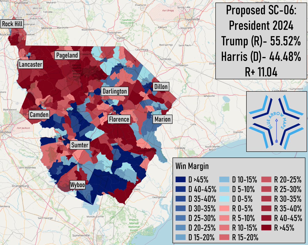 bluearrowMaps's tweet photo. The proposed SC-06 takes a safely Democratic seat and makes it one that Trump won by 11 points. Harris did best in the Black Belt portions of the seat, but Trump’s margins came from the northern end in rural areas and Metrolina #ElectionTwitter https://t.co/T2SxKabIlZ
