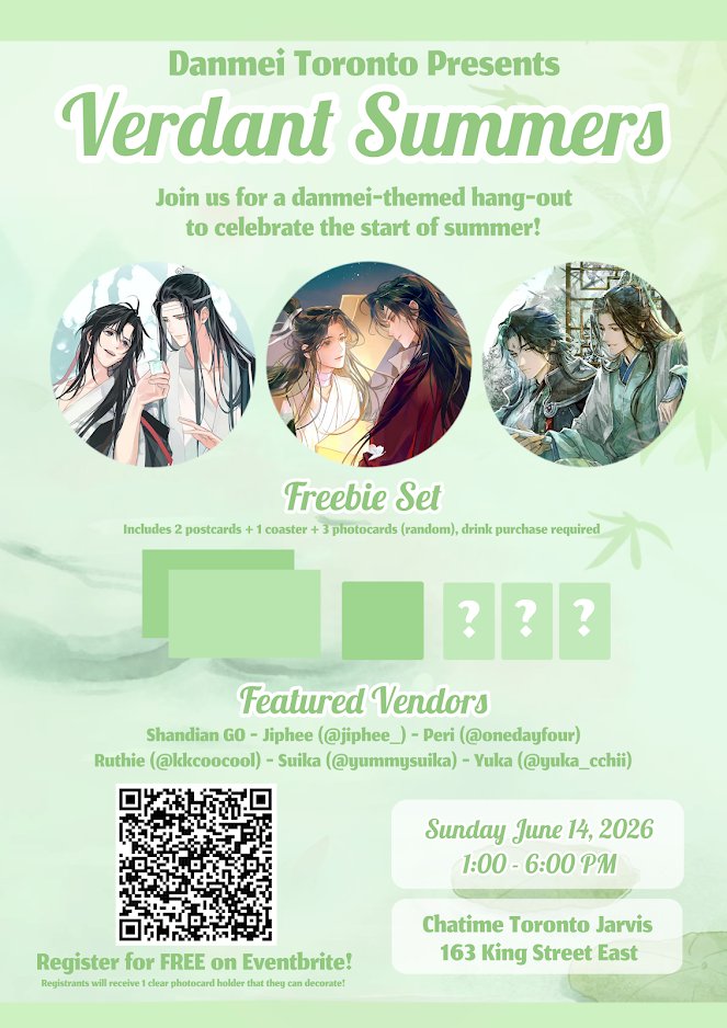 DanmeiToronto's tweet photo. 🍀VERDANT SUMMERS🍀 

Join us for a danmei-themed hang-out to celebrate the start of summer!

🗓 Sunday, June 14, 2026, 1-6 PM
📍 Chatime Toronto Jarvis
🎁 Free gift set with a drink purchase!
⭐️ RSVP on Eventbrite for a bonus freebie! https://t.co/3LFcCjRr3l https://t.co/tSuVFhUcDi