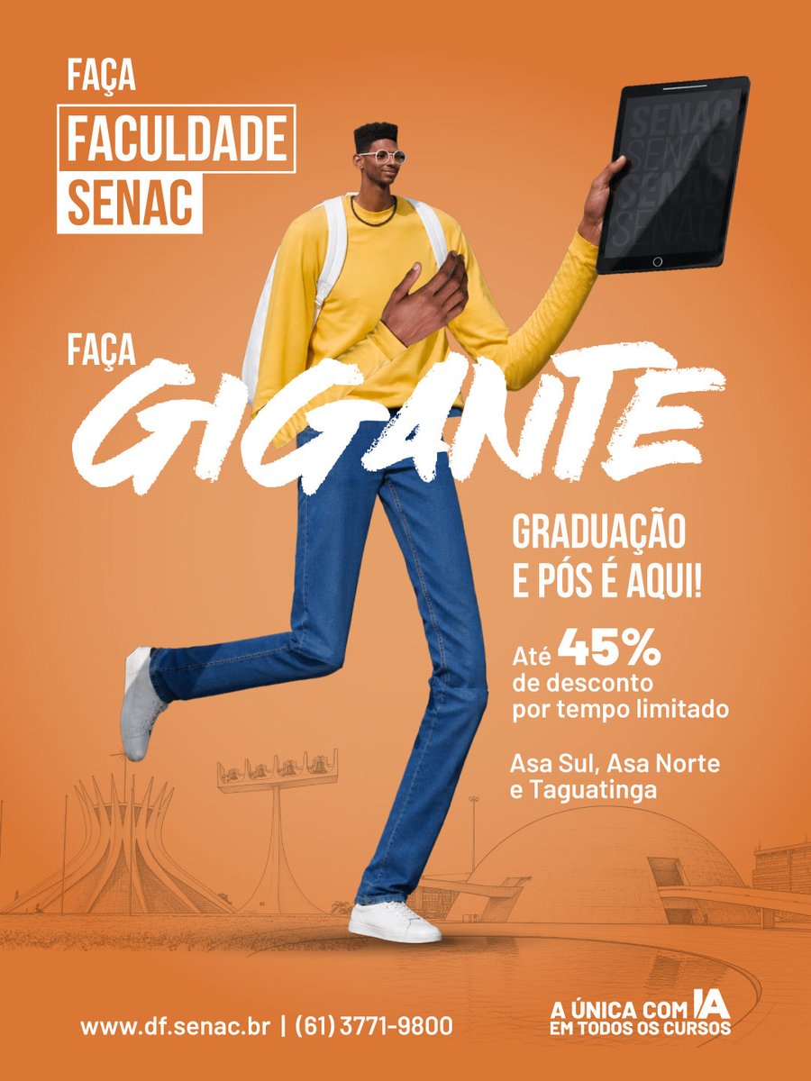 FacSenacDF's tweet photo. FAÇA FACULDADE SENAC! FAÇA GIGANTE!

Descontos especiais por tempo limitado: 💙 45% no primeiro semestre da graduação 🧡 20% em todo o curso de pós-graduação

Inscreva-se agora!
➡️ https://t.co/q6W4O5Qieb https://t.co/GFe6zROdd7