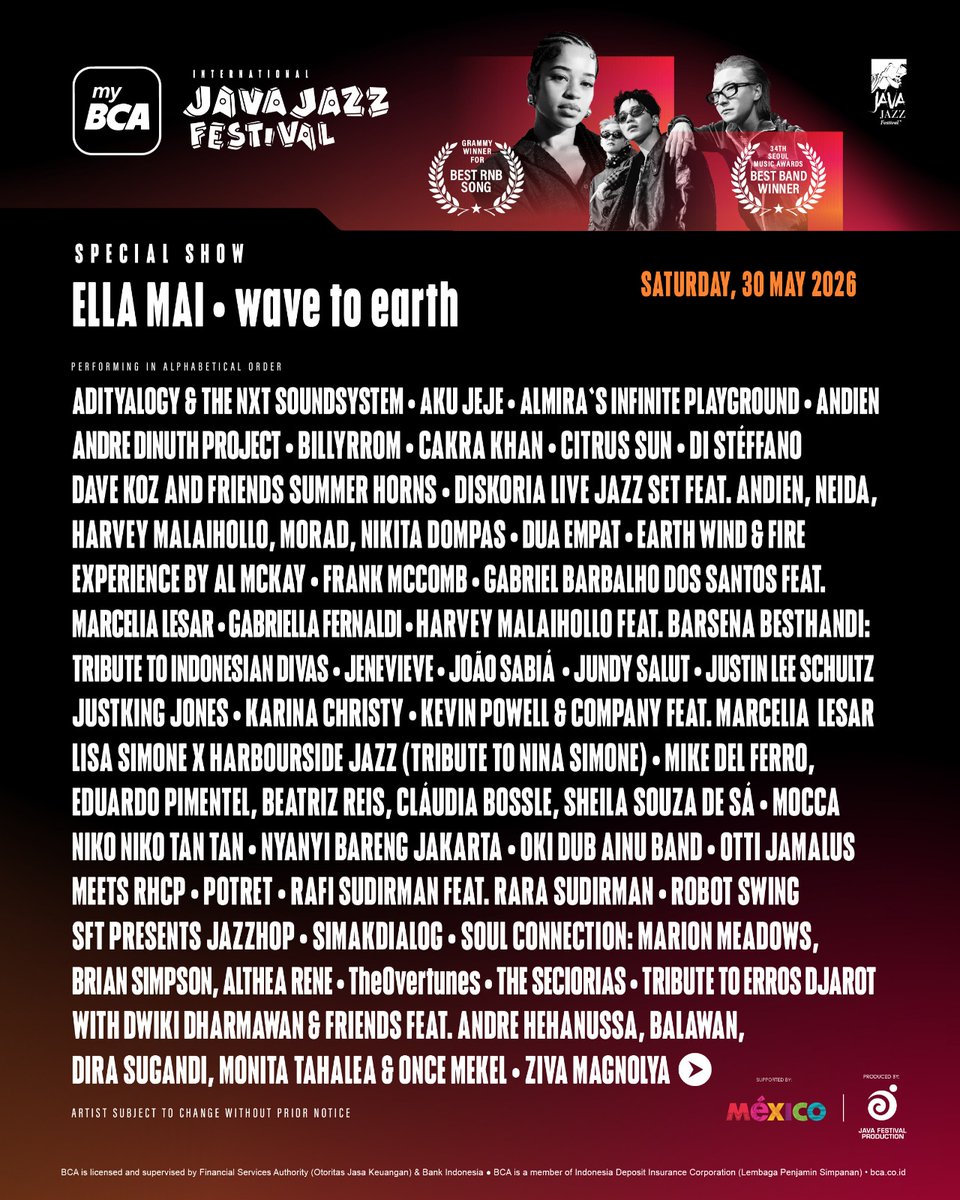 EmbMexIno's tweet photo. The Embassy of Mexico in Indonesia proudly supports @javajazzfest 2026 — a global celebration of music &amp; cultural exchange. 🎶 Jon Batiste, Ella Mai, wave to earth, Daniel Caesar &amp; more. 📅 29–31 May | 📍 NICE, PIK2, Jakarta ✨ https://t.co/P0bTAQvHyo