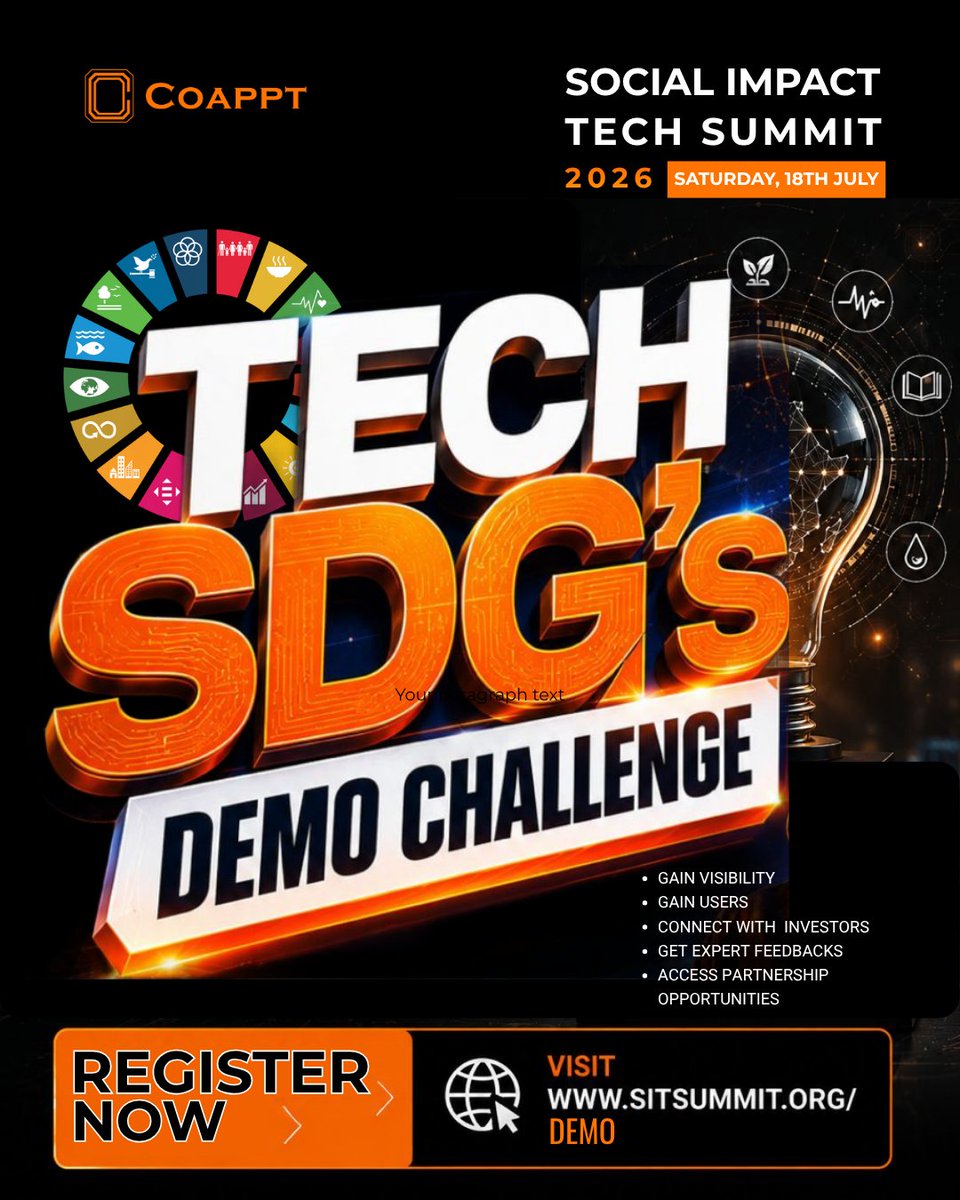 coappt's tweet photo. TECH SDG’s DEMO CHALLENGE

This is your opportunity to showcase your solution live before policymakers, investors, development partners, ecosystem leaders, media, and a diverse audience passionate about technology and sustainable development.
Register Now: https://t.co/iMUtKfcCeP https://t.co/Wb2i3qcND9