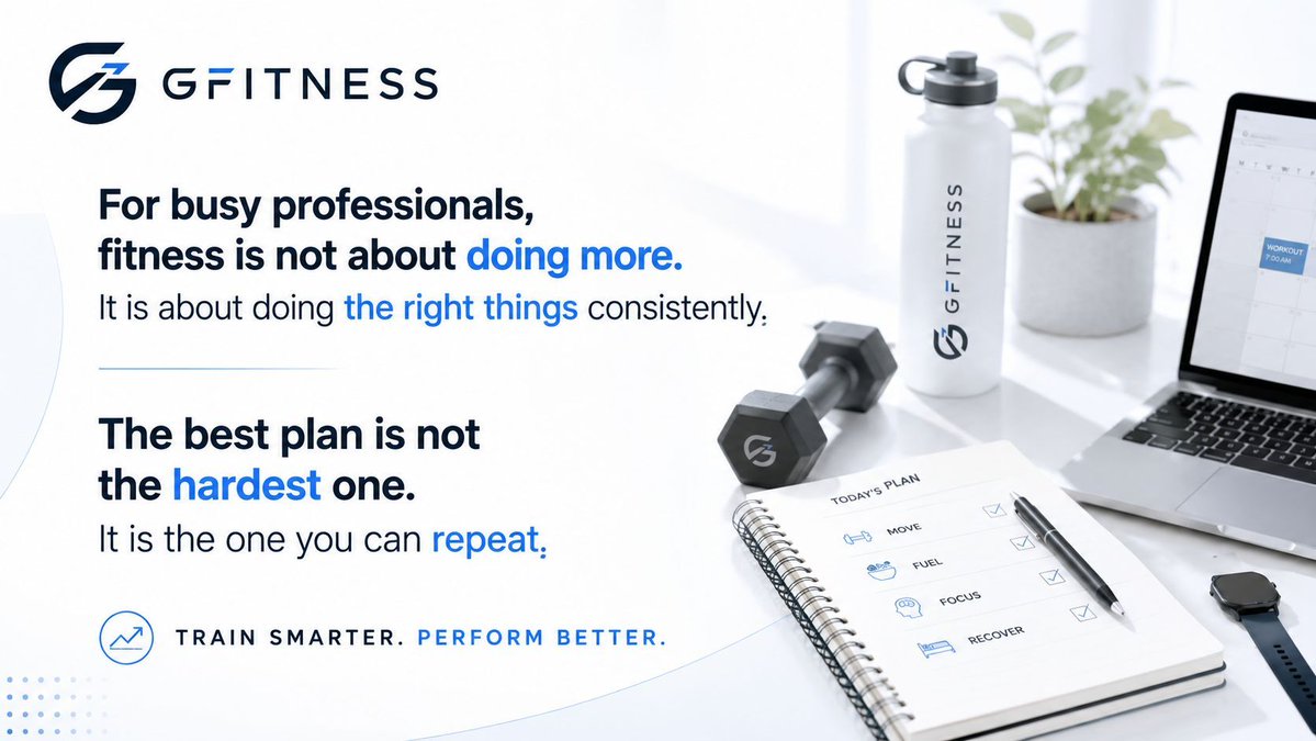 GFITNESS_Coach's tweet photo. For busy professionals, fitness is not about doing more.

It is about doing the right things consistently.

The best plan is not the hardest one.

It is the one you can repeat. 

#OnlineCoaching #Fitness #TrainingPlan #FitnessRoutine #RealLifeFitness https://t.co/duRL7dFD2L