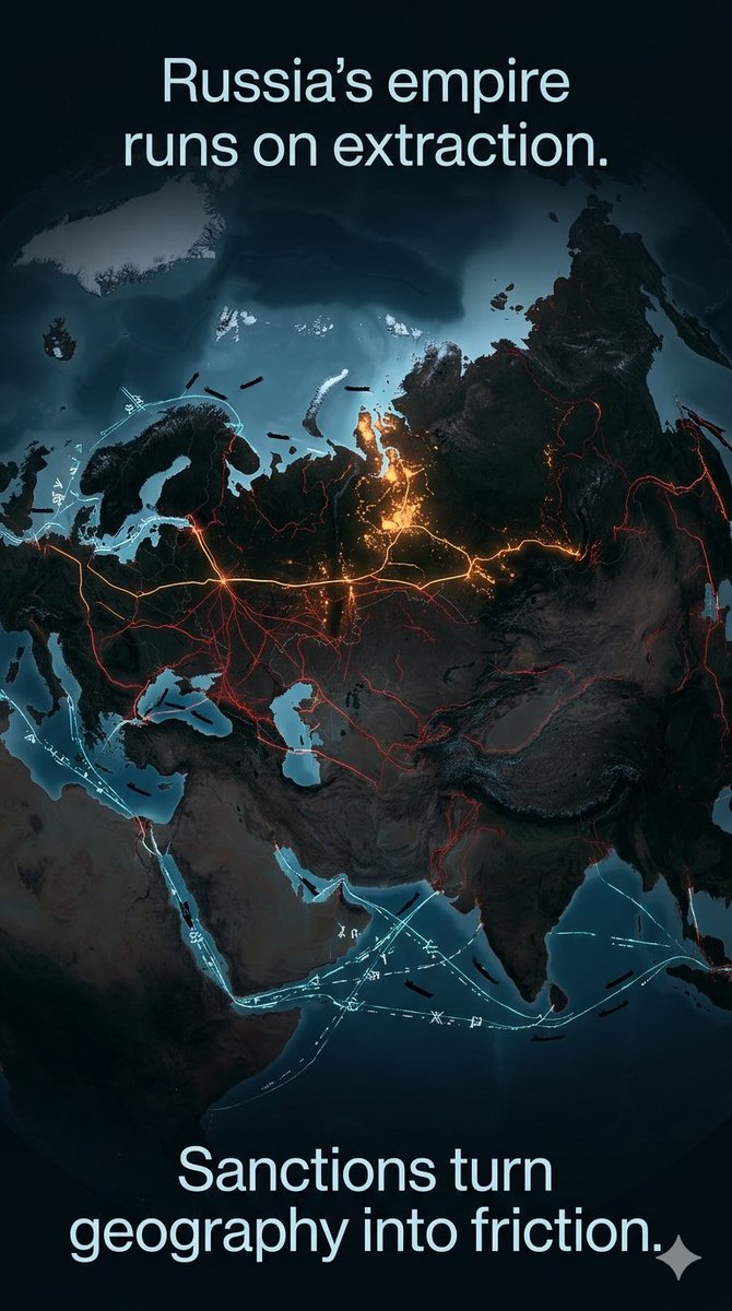 GeographyPower's tweet photo. Russia is not just fighting with tanks.

It is fighting with oil fields, pipelines, ports, ice, tankers, insurance contracts and discount barrels.

That is the old geography of Russian power.

From the Tsars to the Soviet Union to today’s Kremlin, Russia has tried to solve the same structural problem: it has enormous land, huge resources and strategic depth — but weak maritime access, long internal distances and a narrow export base.

Empire on land is expensive.
Empire funded by commodities is vulnerable.

In 2025, Russia’s federal oil and gas budget revenues fell by 24% to 8.48 trillion rubles, the lowest level since 2020. Oil and gas still remain one of the Kremlin’s key fiscal pillars, but the mechanism is no longer clean: Russian crude must move through discounts, longer routes, shadow fleets, non-Western buyers and higher transaction costs.

Sanctions did not “stop” Russian energy. That was never the real test.

The real test is whether sanctions turn Russia’s resource advantage into a logistics tax.

Every extra tanker, insurance workaround, rerouted shipment, lower price cap and damaged refinery converts geography into friction. A barrel still sold is not the same as a barrel sold cheaply, late, uninsured and through constrained ports.

This is where empire cycles matter. Spain had silver. Britain had coal and sea lanes. The Soviet Union had oil, gas and industrial depth. Resource empires look strong until their extraction system becomes harder to defend than their enemies need it to attack.

Russia’s question is no longer simply: can it export oil?

The harder question is: can a continental empire finance a long war when its main revenue artery increasingly depends on maritime loopholes it does not fully control?